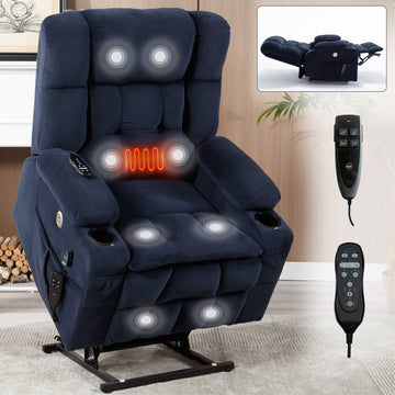 Blue Dual Motor Infinite Position Up To 350 Lbs Chenille Power Lift Recliner Chair, Heavy Duty Motion Mechanism With 8 Point Vibration Massage And Lumbar Heating, Dual Cup Holders White Metal