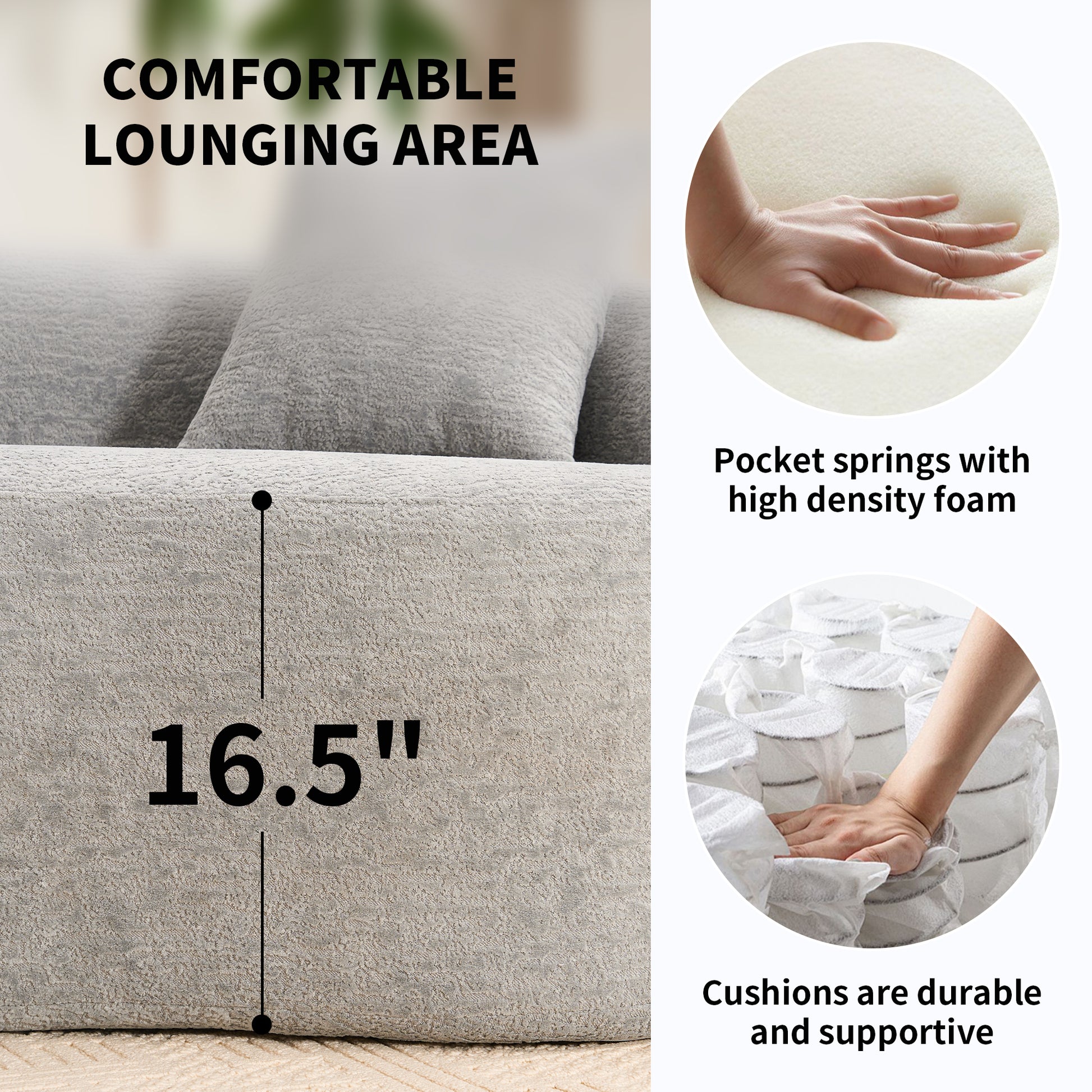 4 Seater Grey Sofa With Chenille Fabric, 30D ,60 Hardness Full Sponge,4 Pillow For Living Room, Home Furniture Sleeper Sectional Sofa For Apartment Grey Chenille Primary Living Space Medium Firm