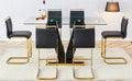 Table And Chair Set,Clear Tempered Glass And Black Legs Of The Table, Pu And Gold Legs Of The Chair Black Seats 6 Tempered Glass