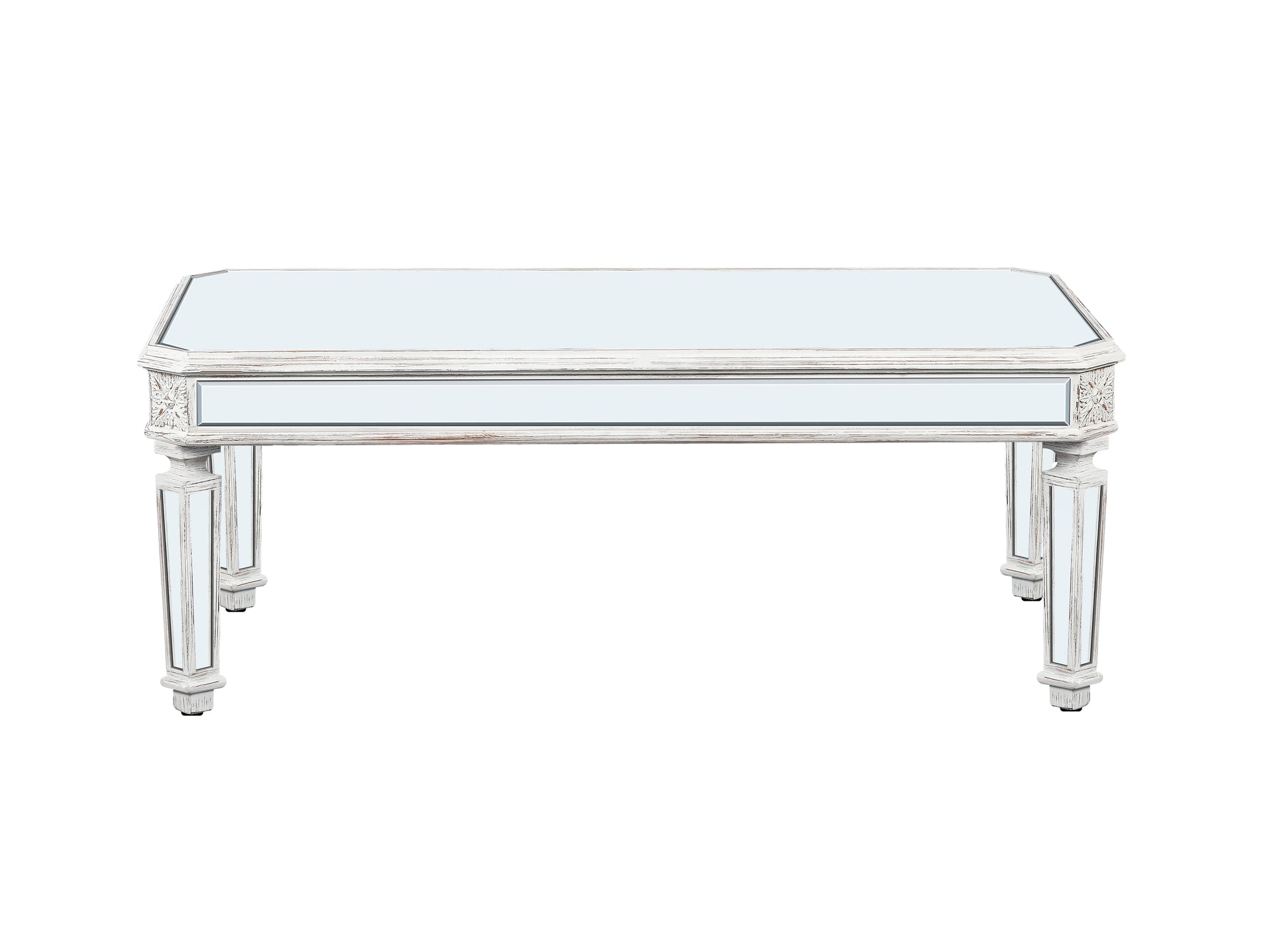 Silver Mirrored Coffee Table, Vintage Carved Elements, Rectangle Glass Tea Table With Mirrored Finish, Modern Center Table For Living Room And Office 24" D X 48" W X 18" H Oak Silver White Mirrored