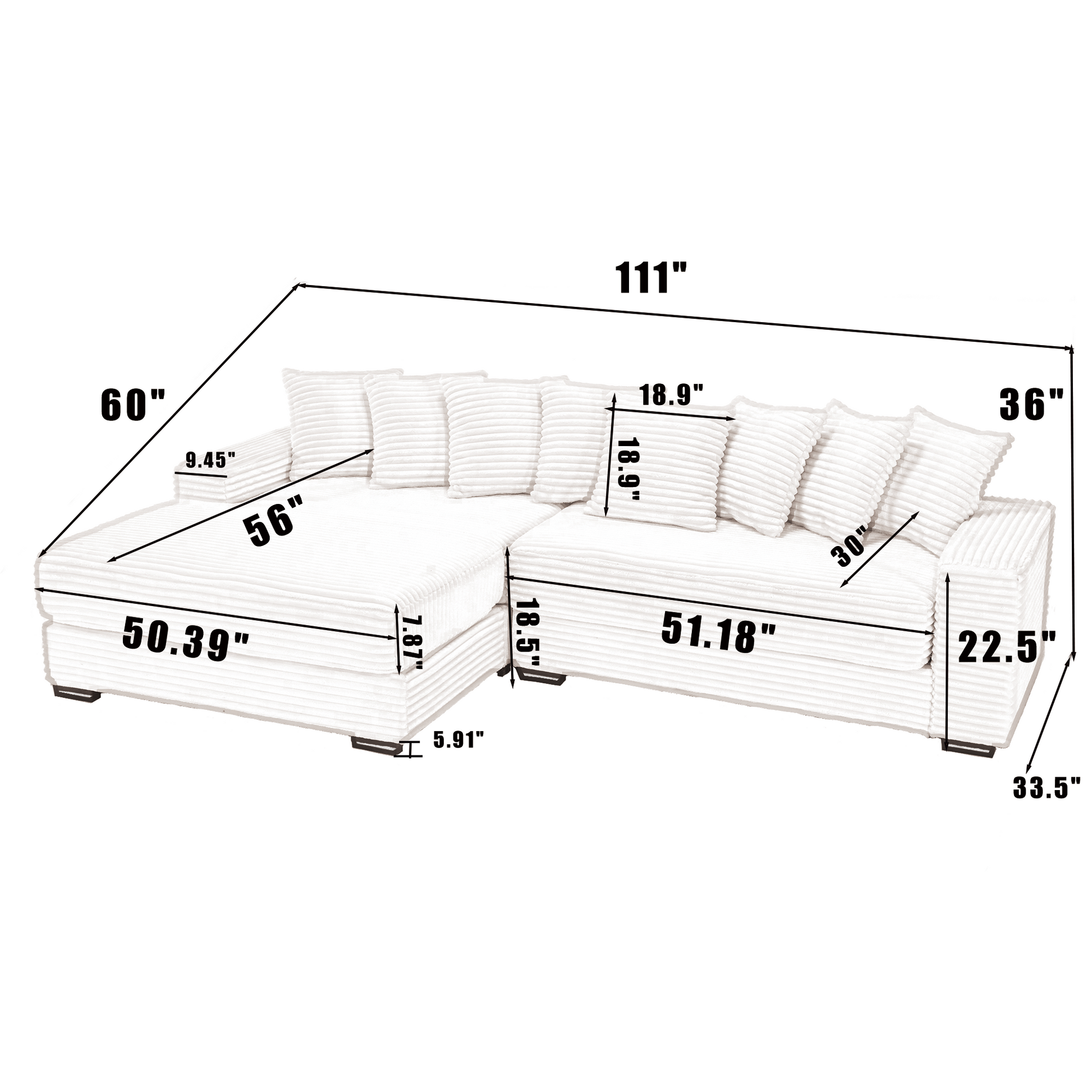 Arrived Oversized Two Piece Couches, L Shaped Sofa, Corduroy, Left Chaise Daybed,With Armrests,Eight Throw Pillows,Corner Sofa,Easy To Assemble, Gray Gray Polyester Wood Primary Living Space Medium Soft Pillow Back Modern Square Arms Wood 3 Seat