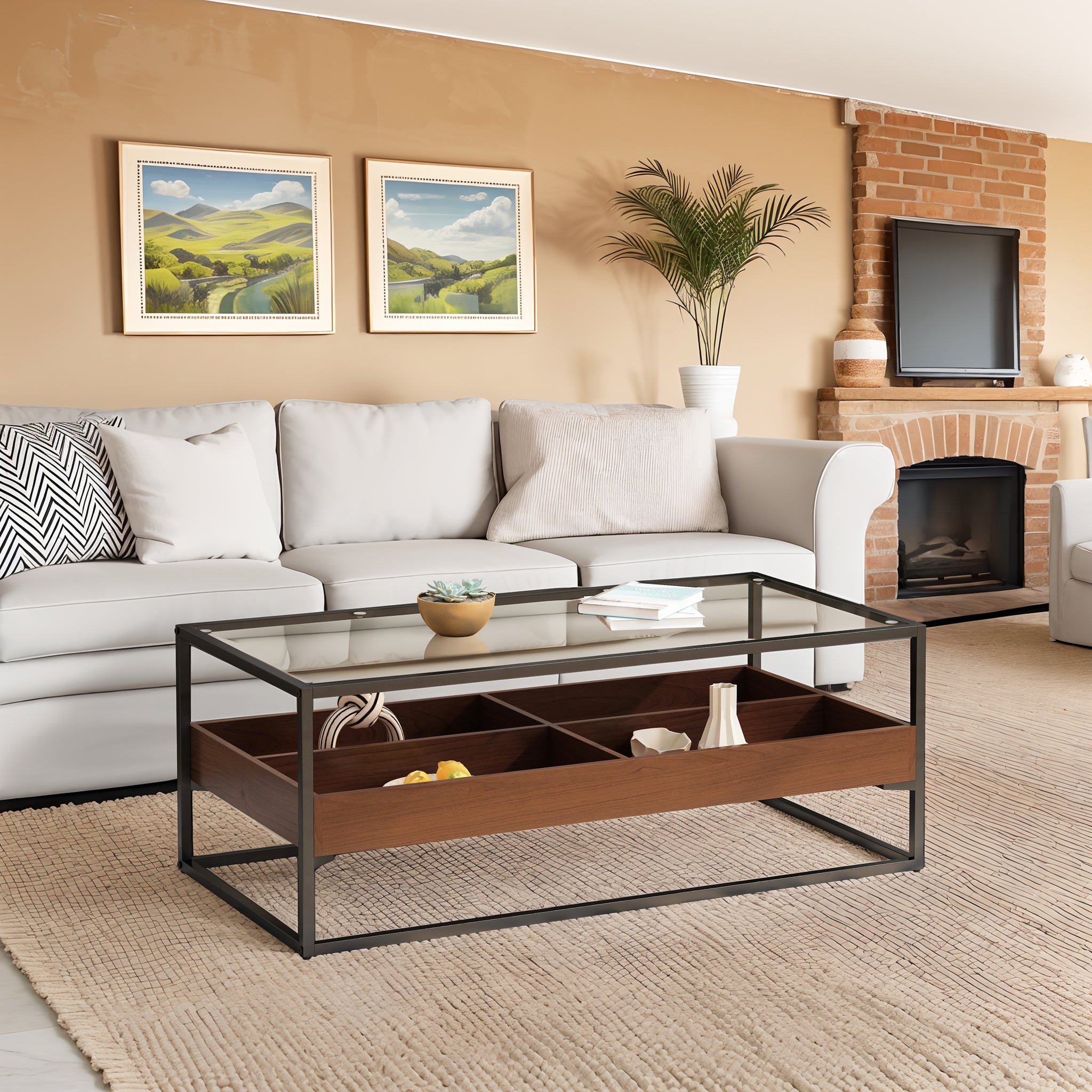 47.24"Rectangle Glass Coffee Table With Storage Shelf And Metal Table Legshome Furniture For Living Room Black Mdf Glass