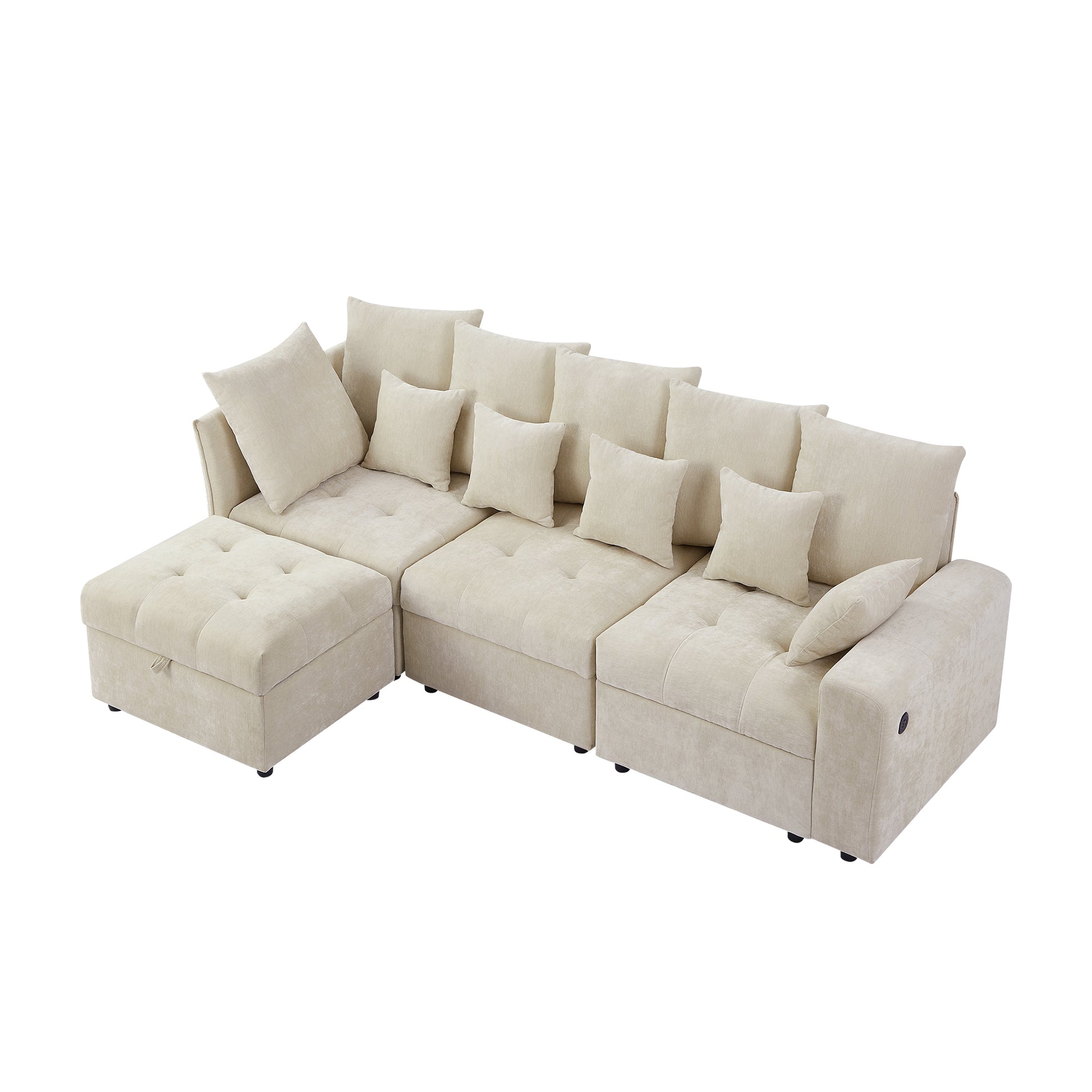 96.45"Sectional Sofa Modular Sofa Couch With Three Usb Ports, A Removable Storage Ottoman And Five Back Pillows For Living Room, Beige Beige Foam Chenille 4 Seat