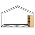 Twin Size Metal Bed House Bed Frame With Shelves And Lights, Black Twin Black Metal & Wood