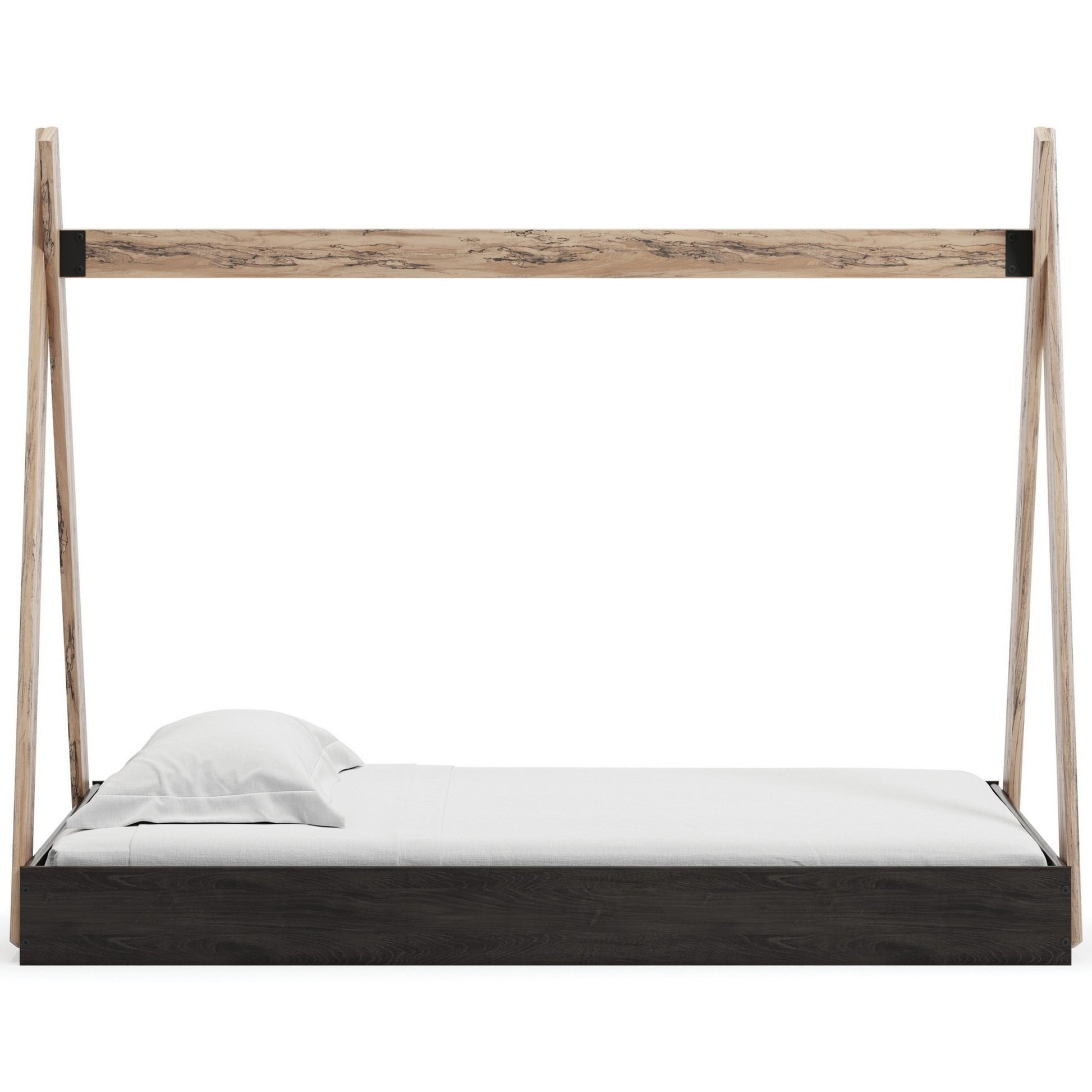 Pipa Modern Twin Size Bed, Crossed Wood A Frame Tent Stand, Jet Black Base Brown Wood