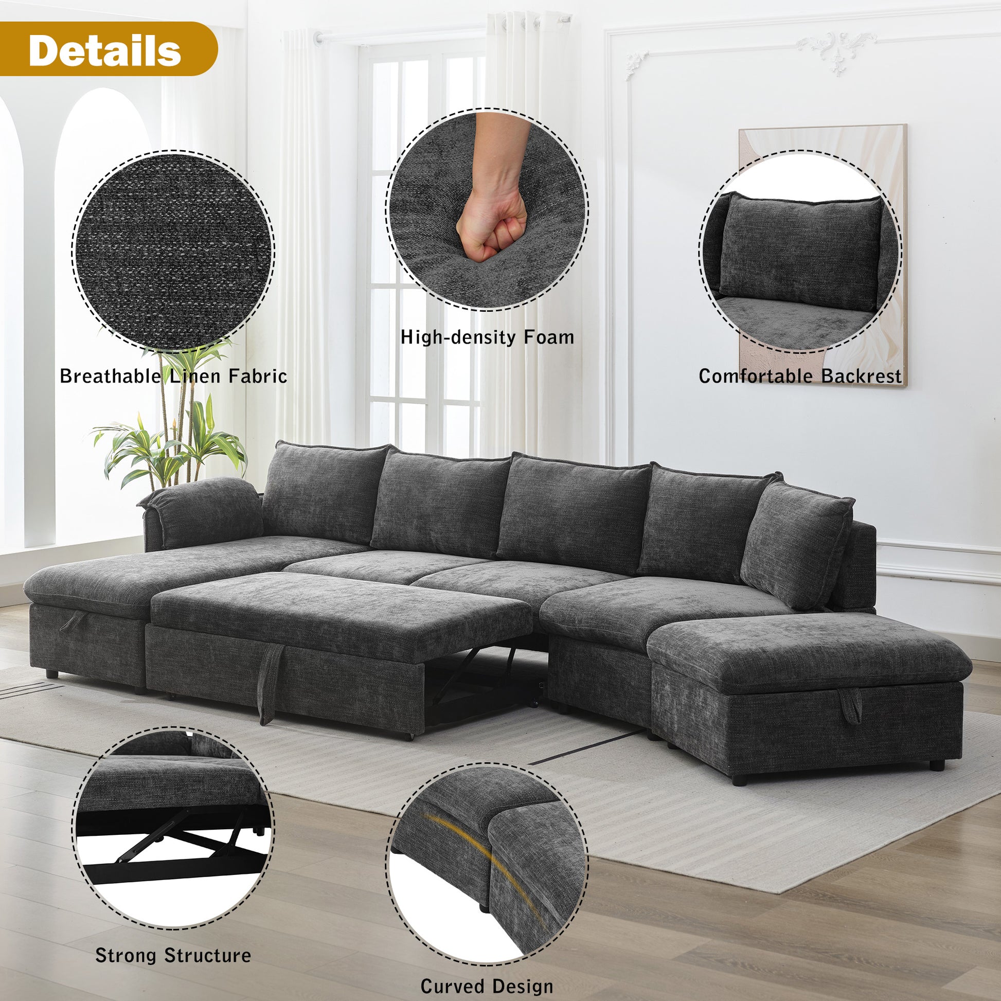 146.9" L Shaped Sofa Sectional Sofa Couch Pull Out Sofa Bed With A Movable Storage Ottoman, A Storage Chaise Lounge And Two Usb Ports For Living Room, Grey Grey Foam Linen 5 Seat