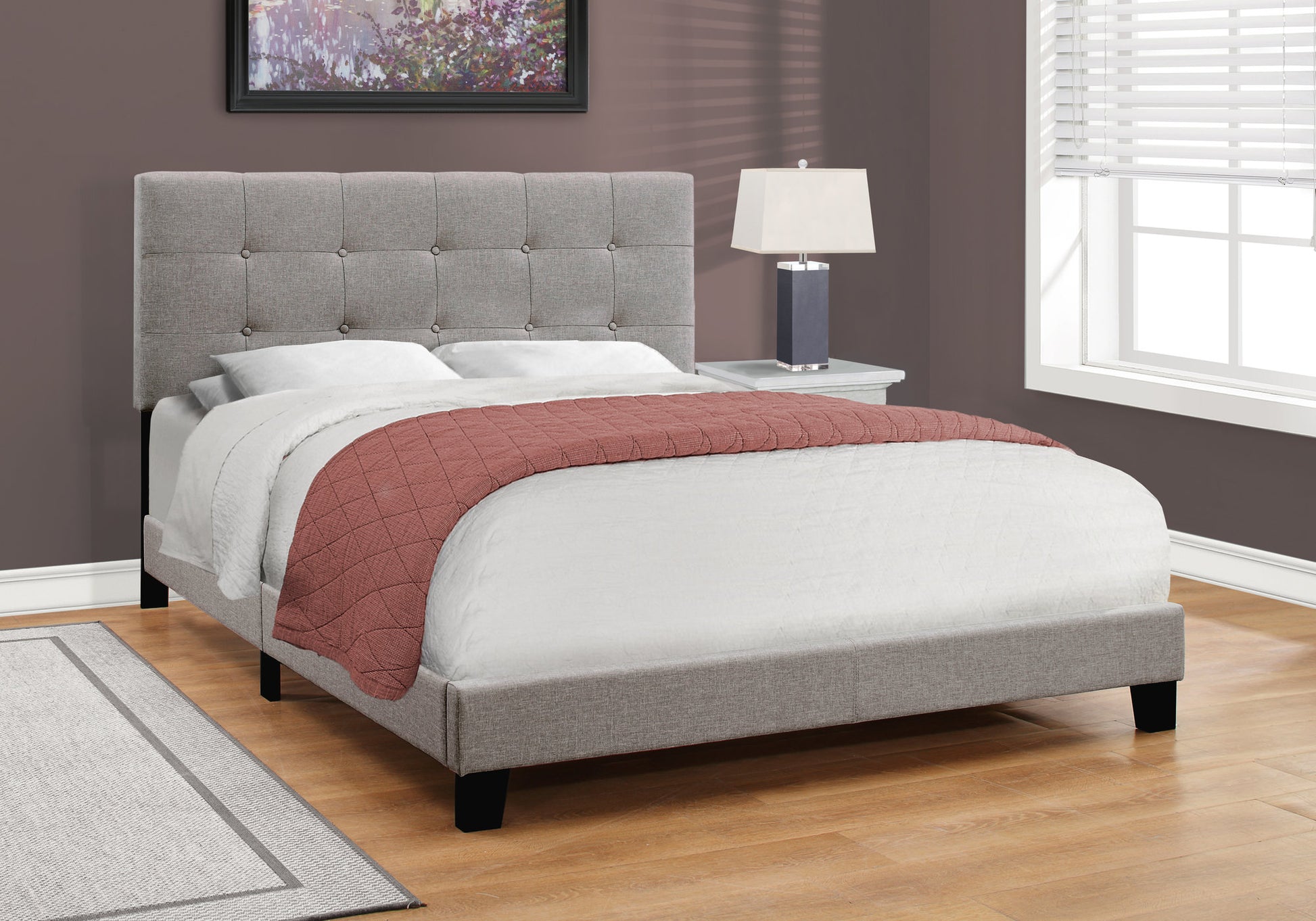 Bed, Queen Size, Bedroom, Upholstered, Grey Linen Look, Transitional Grey Foam Solid Wood Mdf