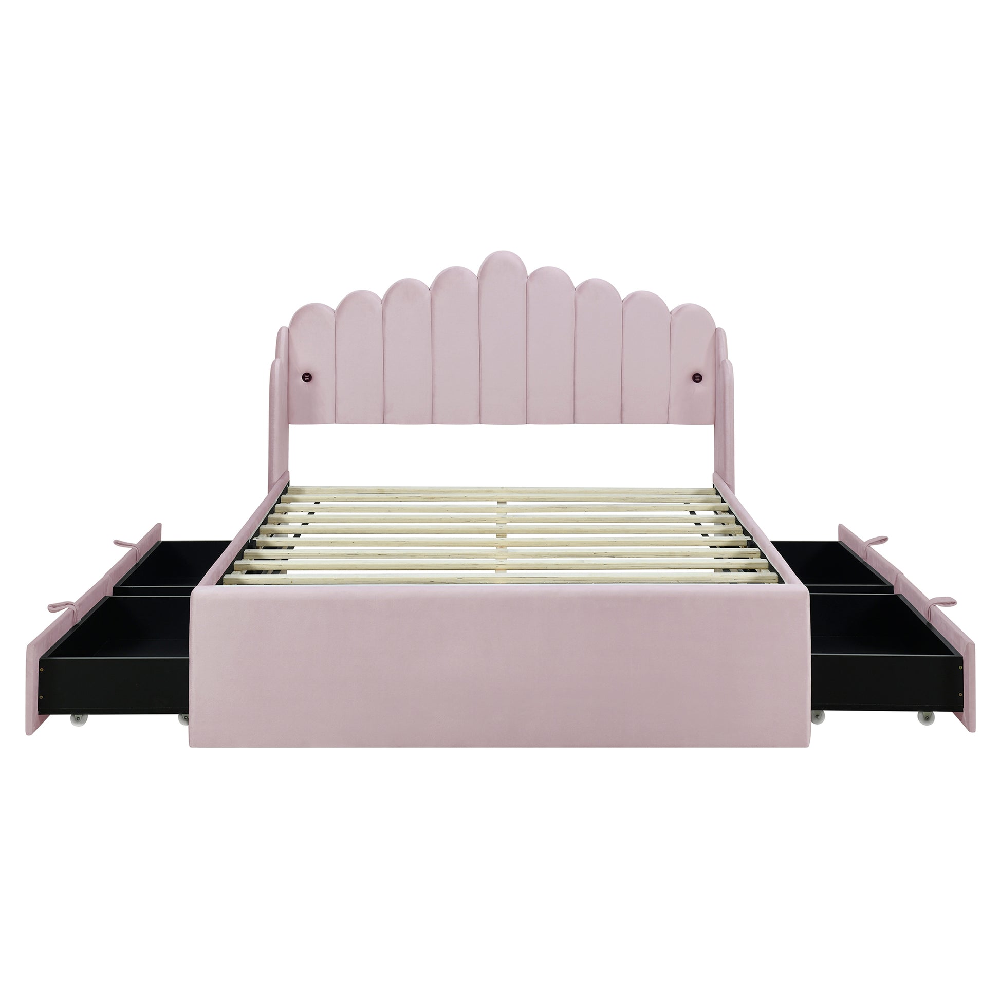 Full Size Upholstered Platform Bed With 4 Drawers And 2 Usb, Pink Box Spring Not Required Full Pink Wood Bedroom Bed Frame Polyester Upholstered