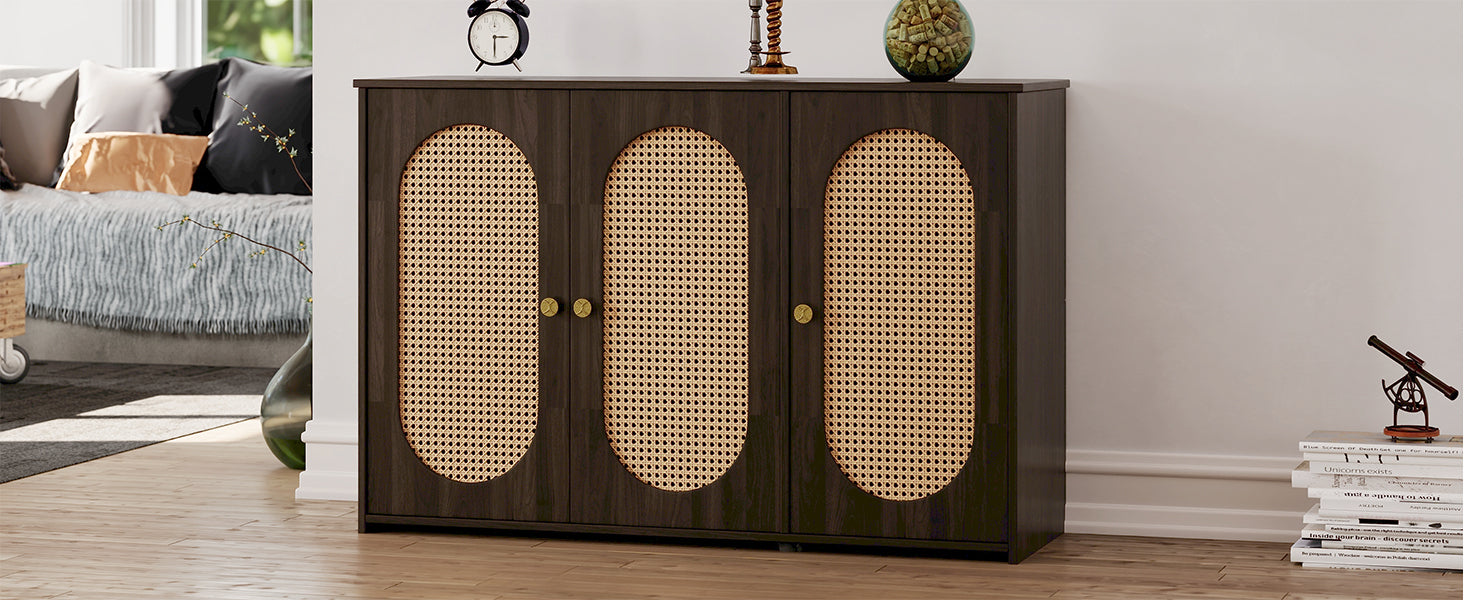 Retro 3 Door Sideboard With Large Storage Space Artificial Rattan Doors And Metal Handles, Accent Cabinet For Living Room And Hallway Brown Brown Particle Board Mdf