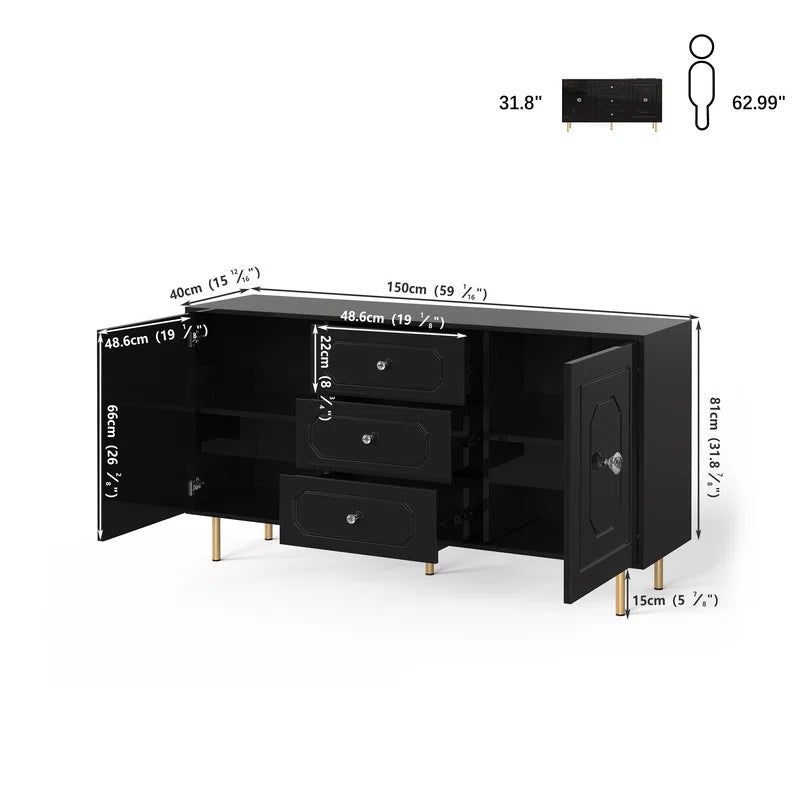 59" 2 Door 3 Drawers Wood Black High Gloss Finish Sideboard Black Dining Room Minimalist,Modern Soft Close Doors Mdf