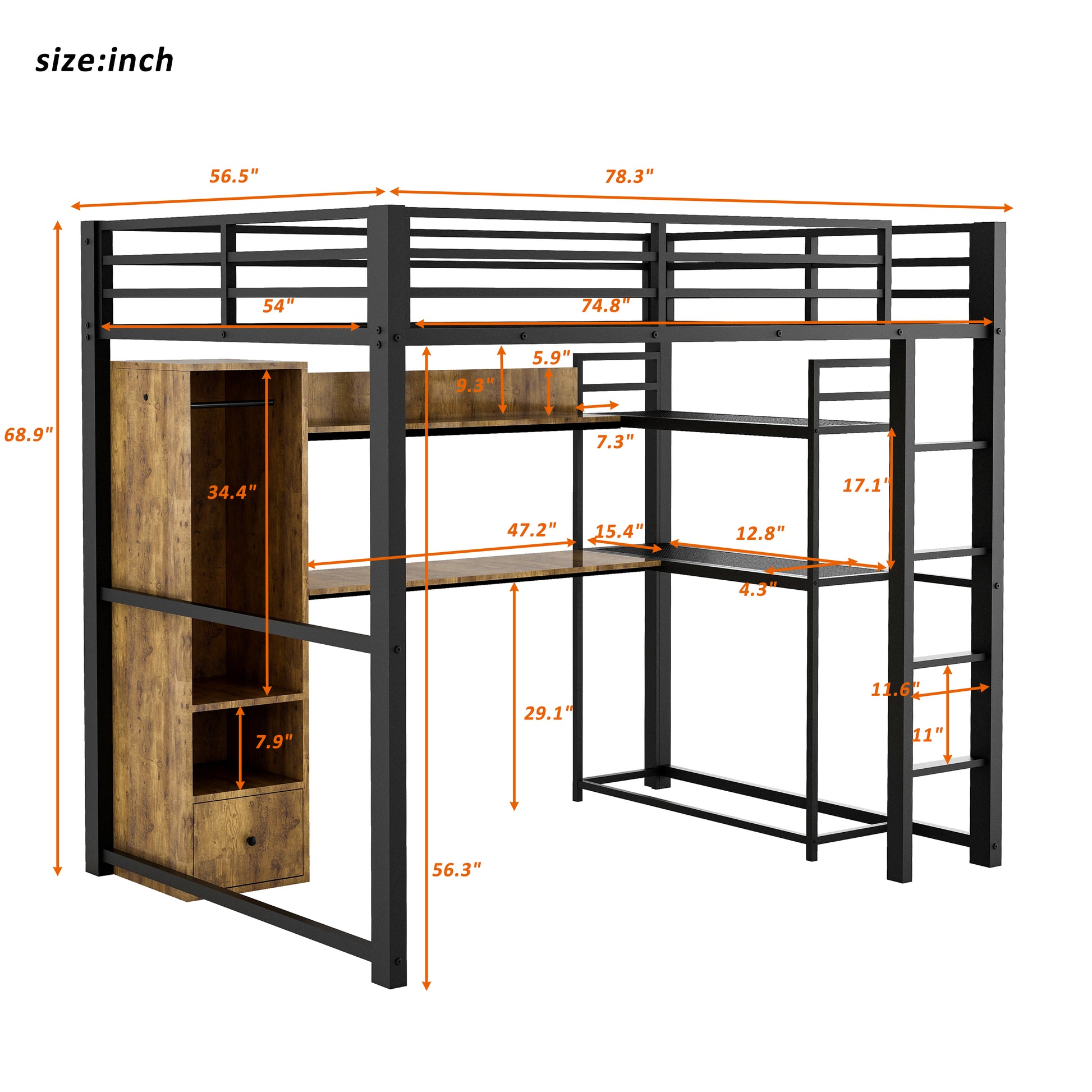 Full Size Metal Loft Bed With Built In Wardrobe, Drawer, Desk And Shelves, Black Expected Arrival Time: 9.7 Box Spring Not Required Full Black Metal Wood Metal