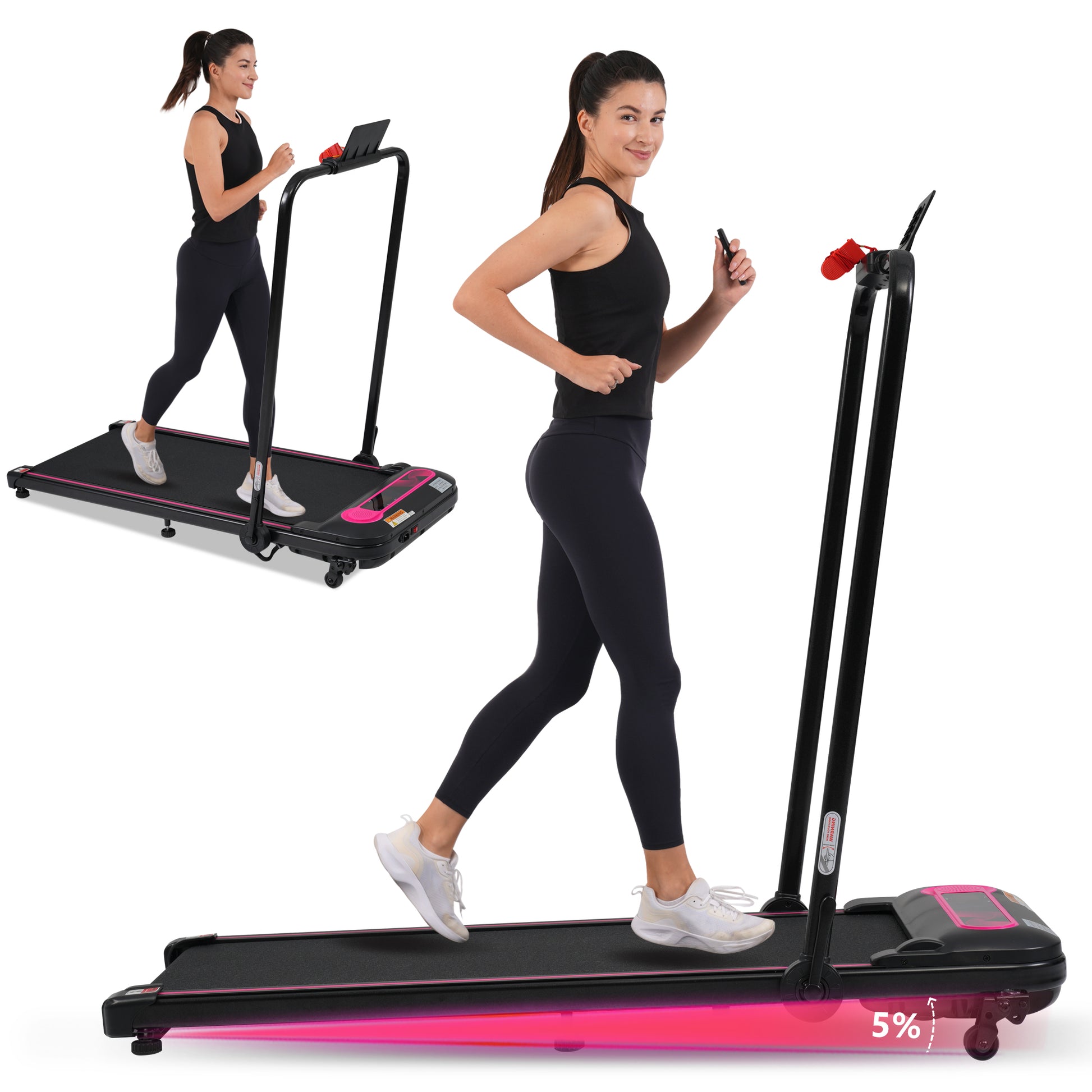 Folding Walking Pad Under Desk Treadmill For Home Office 2.5Hp Walking Treadmill With Incline 0.5 7.5Mph 300Lbs Capacity Treadmill For Walking Running Two Ways To Adjust Speed Indoor Fitness Pink