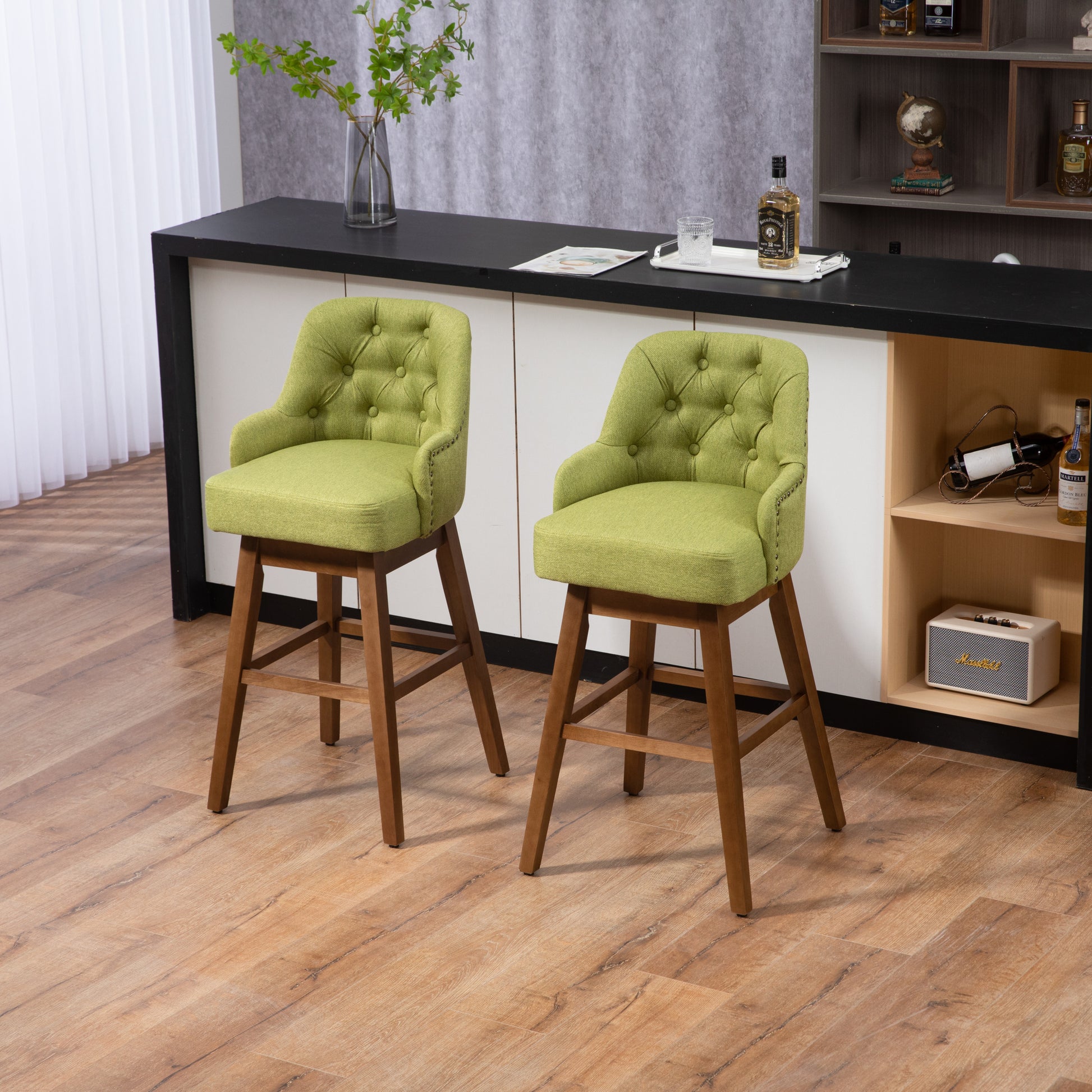 Coolmore Bar Stools Set Of 2 Counter Height Chairs With Footrest For Kitchen, Dining Room And 360 Degree Solid Wood Legs Swivel Bar Stools Set Of 2 Olive Linen Olive Foam Linen
