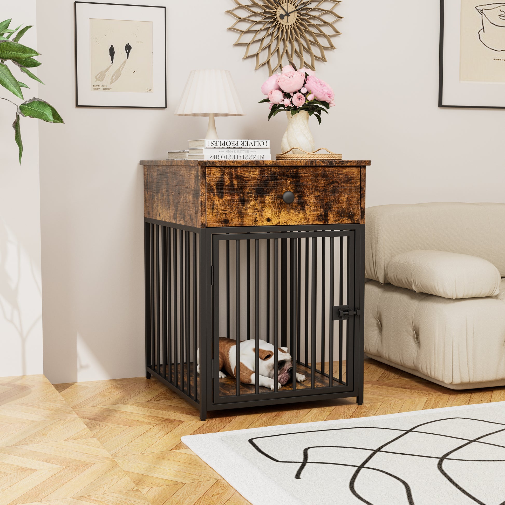 Dog Crate Furniture, Dog House, Decorative Dog Kennel With Drawer, Indoor Pet Crate End Table For Small Dog, Iron Tube Dog Cage, Chew Proof Brown Mdf