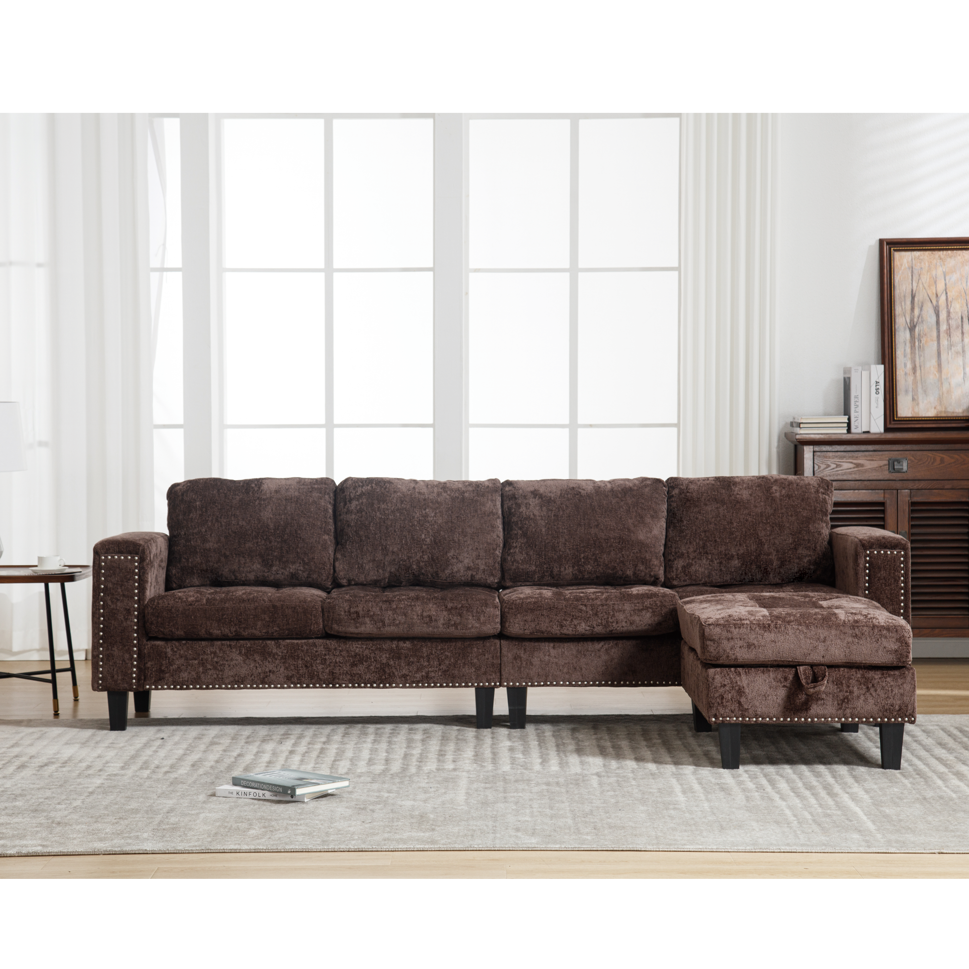 Arrived 5 Seat Modular Sofa,With Storage Ottoman, Convertible Sectional Sofa, L Shaped Couchreversible Chaise ,Riveted Sofa,Chenille, Brown Brown Polyester Wood Primary Living Space Medium Soft Cushion Back Modern Square Arms Foam Metal & Wood 5 Seat