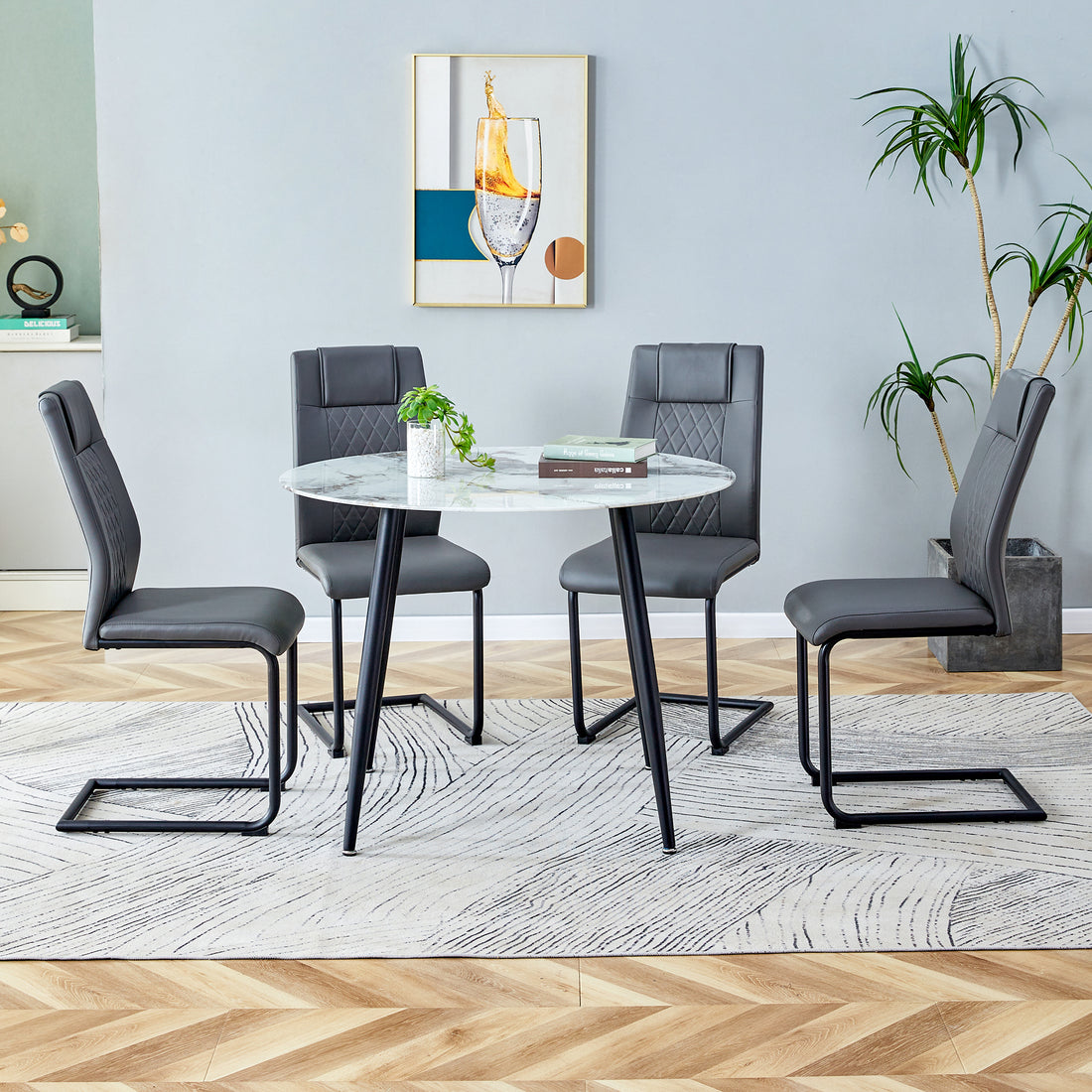 Table And Chair Set. Large Modern White Imitation Marble Patterned Round Table With Black Metal Legs. Nice Minimalism, Comfortable Seats And Black Metal Legs. White Gray Seats 4 Glass Metal