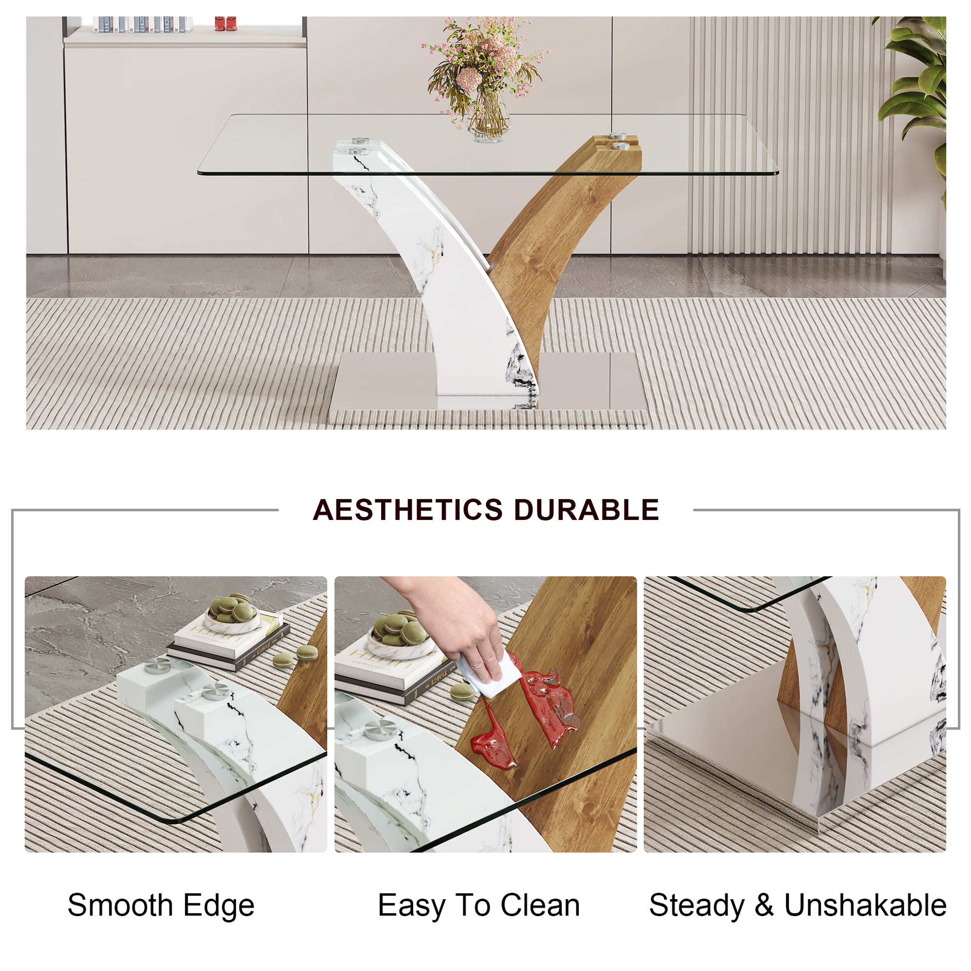 Table And Chair Set.Modern Dining Table, Tempered Glass Countertop With Artistic Mdf Legs.Paried With 6 Comfortable Chairs With Pu Seats And Metal Legs. Suitable For Various Decoration Styles. Black,Transparent Seats 6 Mdf Glass