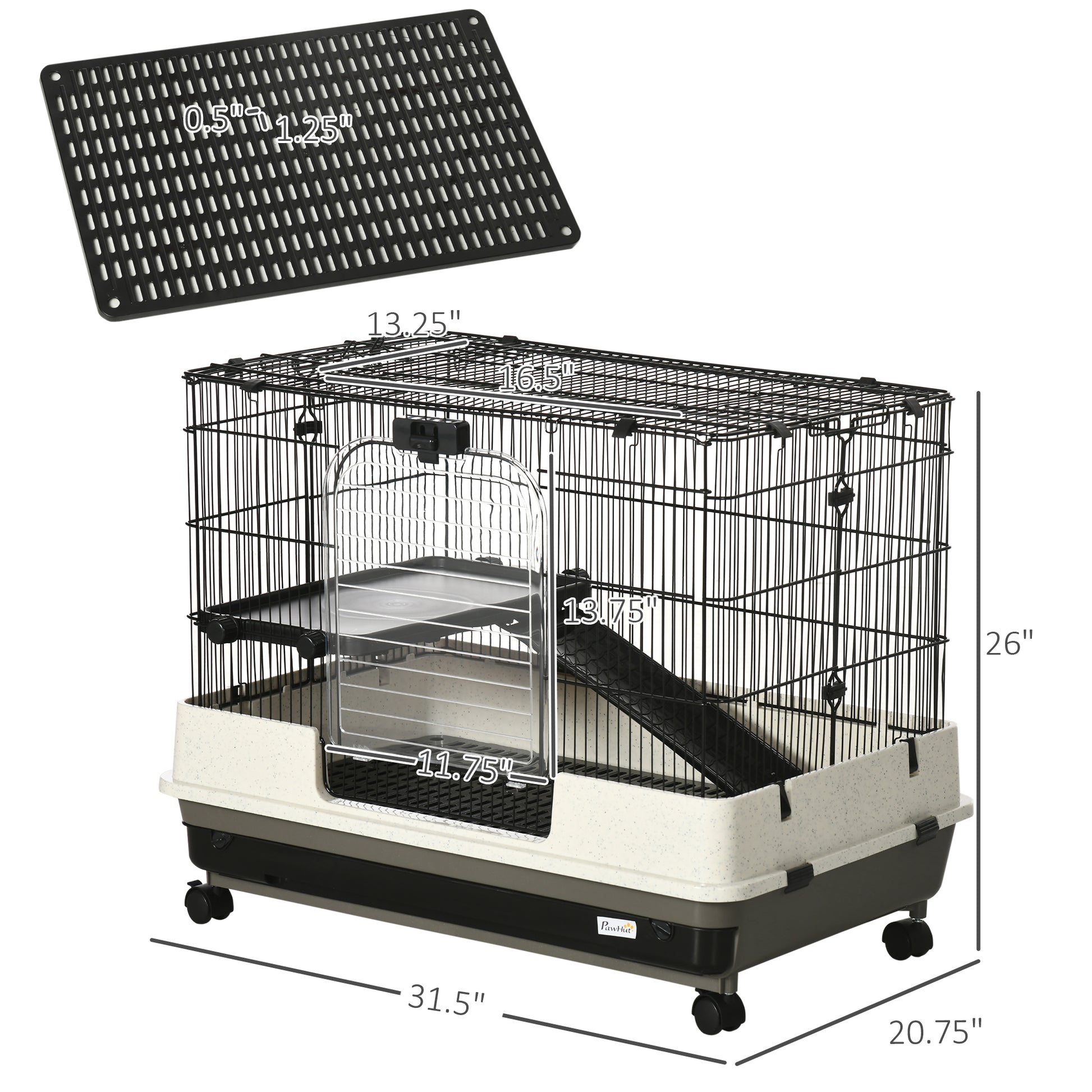 Pawhut 26" Small Animal Cage With Wheels, 2 Level Portable Bunny Cage, Chinchilla Ferret Cage With Removable Tray, Platform And Ramp White Black Iron Plastic