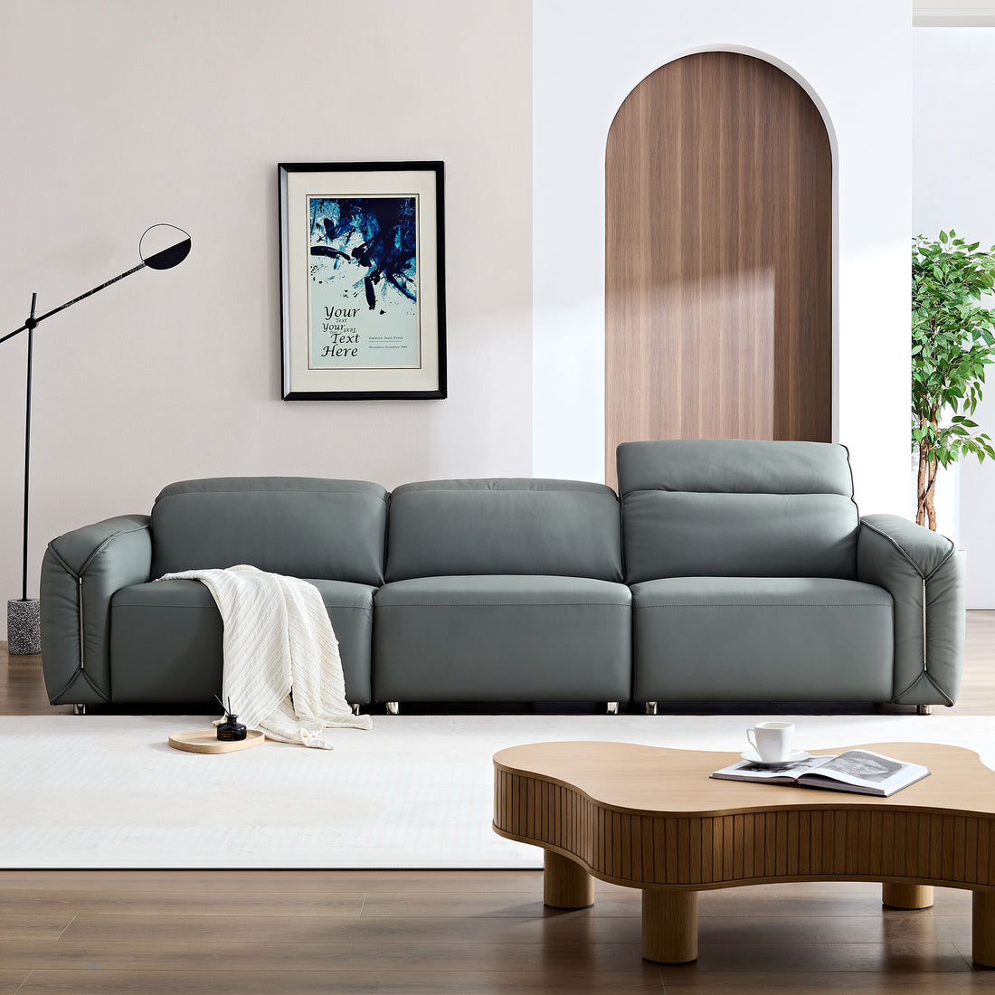 Modern Simple Line Design 3 Seater Leather Sofa For Living Room, Comfy Sofa Couch With Extra Deep Seats,Adjustable Headrests Couch,Blue Grey Blue Grey Leather 3 Seat