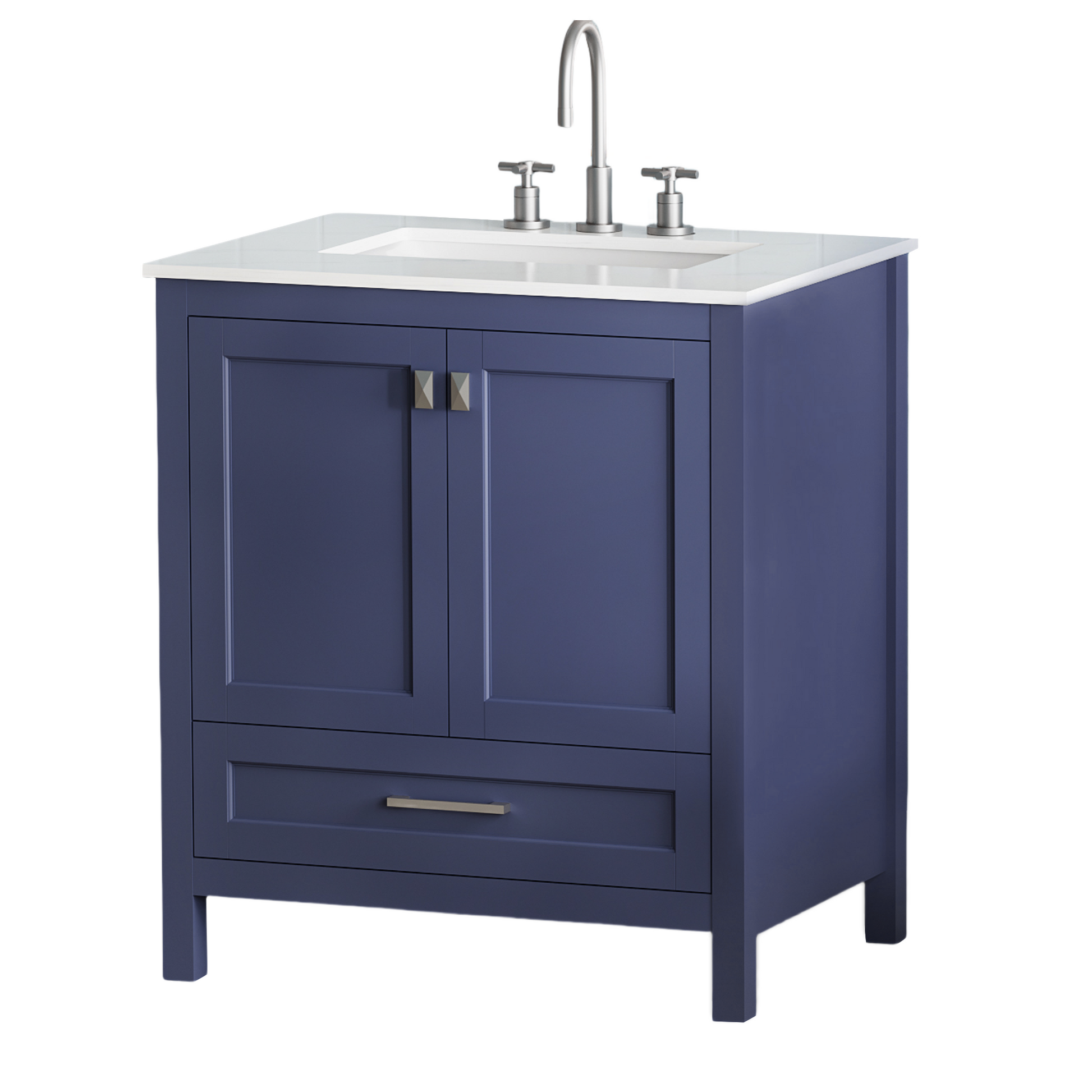 30 Inch Freestanding Bathroom Vanity With Sink, Carrara Engineered Marble Vanity Top With Undermounted Rectangular Ceramic Sink, Large Storage Soft Close Door, Navy Blue 24V03 30Nb Navy Blue Wood