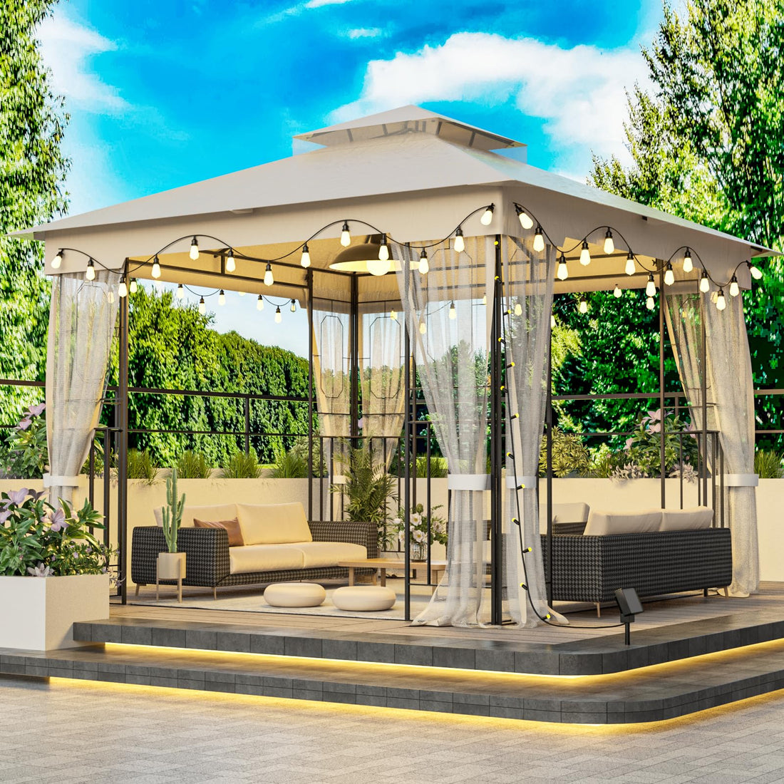 10X10Ft Softtop Metal Gazebo With Mosquito Net&Sunshade Curtains,Sturdy Heavy Duty Double Roof Canopy,Galvanized Steel Design Outdoor Tent,Suitable For Gardens,Patio,Backyard Beige Metal Waterproof Fabric