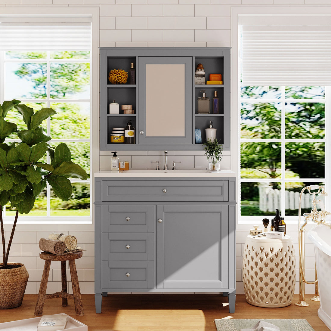 36'' Bathroom Vanity With Medicine Cabinet, Royal Blue Mirror Cabinet, Modern Bathroom Storage Cabinet With 2 Soft Closing Doors And 4 Drawers, Single Sink Bathroom Vanity 4 Grey 2 5 Bathroom Wall Mounted Solid Wood Mdf Resin Painted