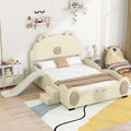 Full Size Upholstered Platform Bed With Piglet Shape Headboard And Children'S Slide, Beige Box Spring Not Required Full Beige Wood Bedroom Bed Frame Faux Leather Upholstered