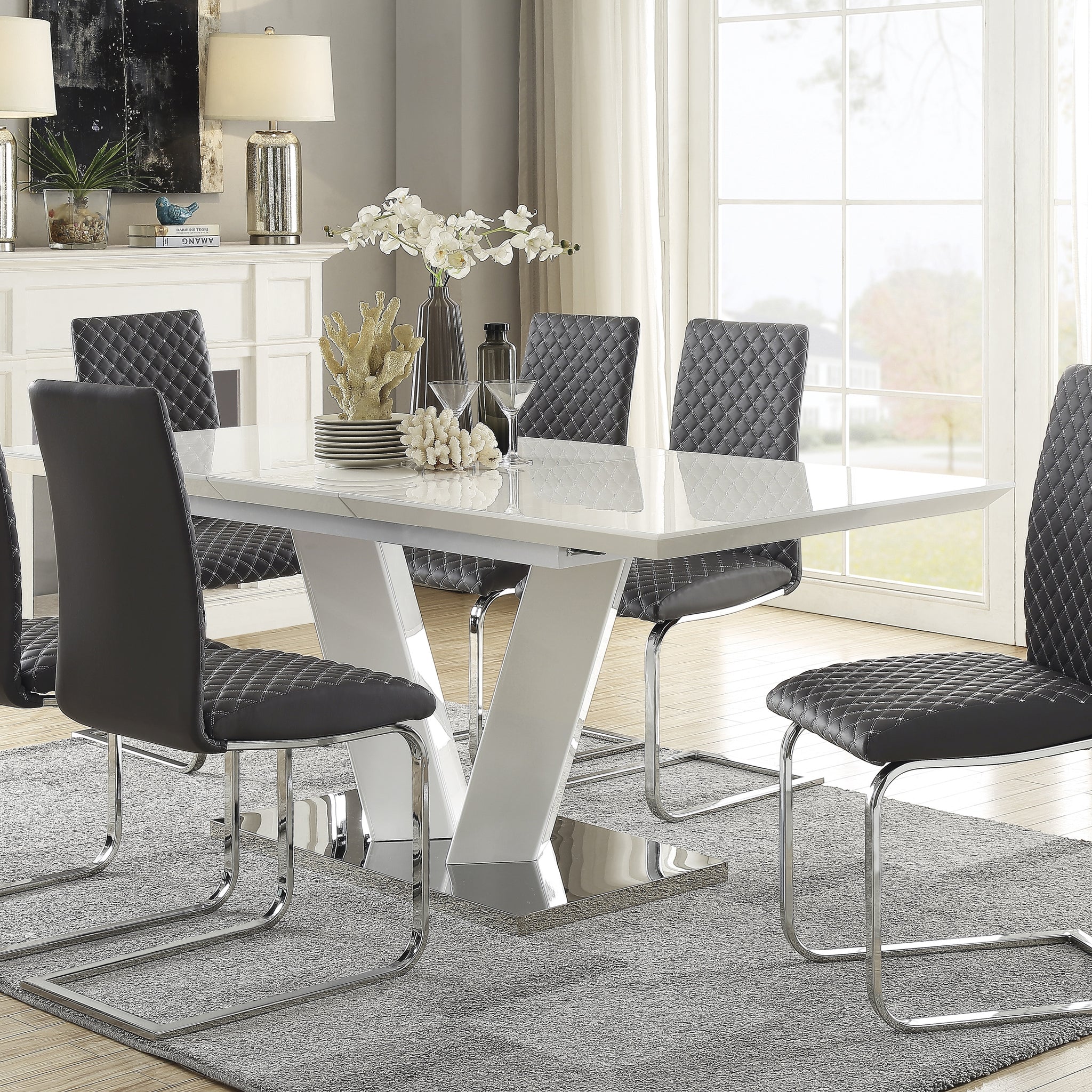 Modern Contemporary 7Pc Dining Set White High Gloss Finish Table W Extension Leaf V Shaped Support Gray Faux Leather Upholstered Chairs Diamond Pattern Stitching Luxury Furniture Set Chrome,Gray,White Seats 6 Dining Room Self Storing Leaf