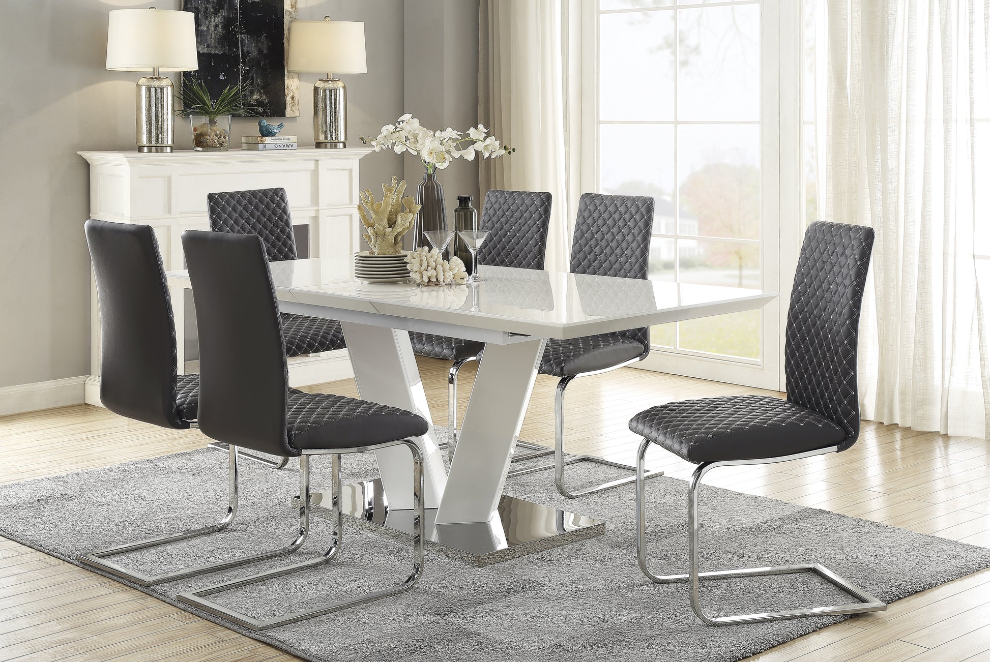 Sleek Contemporary Style Side Chairs Set Of 2, Gray Faux Leather Diamond Pattern Stitching Chrome Metal Finish Dining Room Furniture Chrome,Gray Dining Room Contemporary,Modern Metal