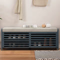 Distressed Shutter Storage Bench With Acacia Veneer For Retro Charm For Living Room, Entryway Navy Navy Mdf