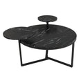 Modern Coffee Table With Two Display Shelves, Black Faux Marble Surfaces, Tripod Inspired Base,Rounded Tabletop Edges Matte Black Mdf