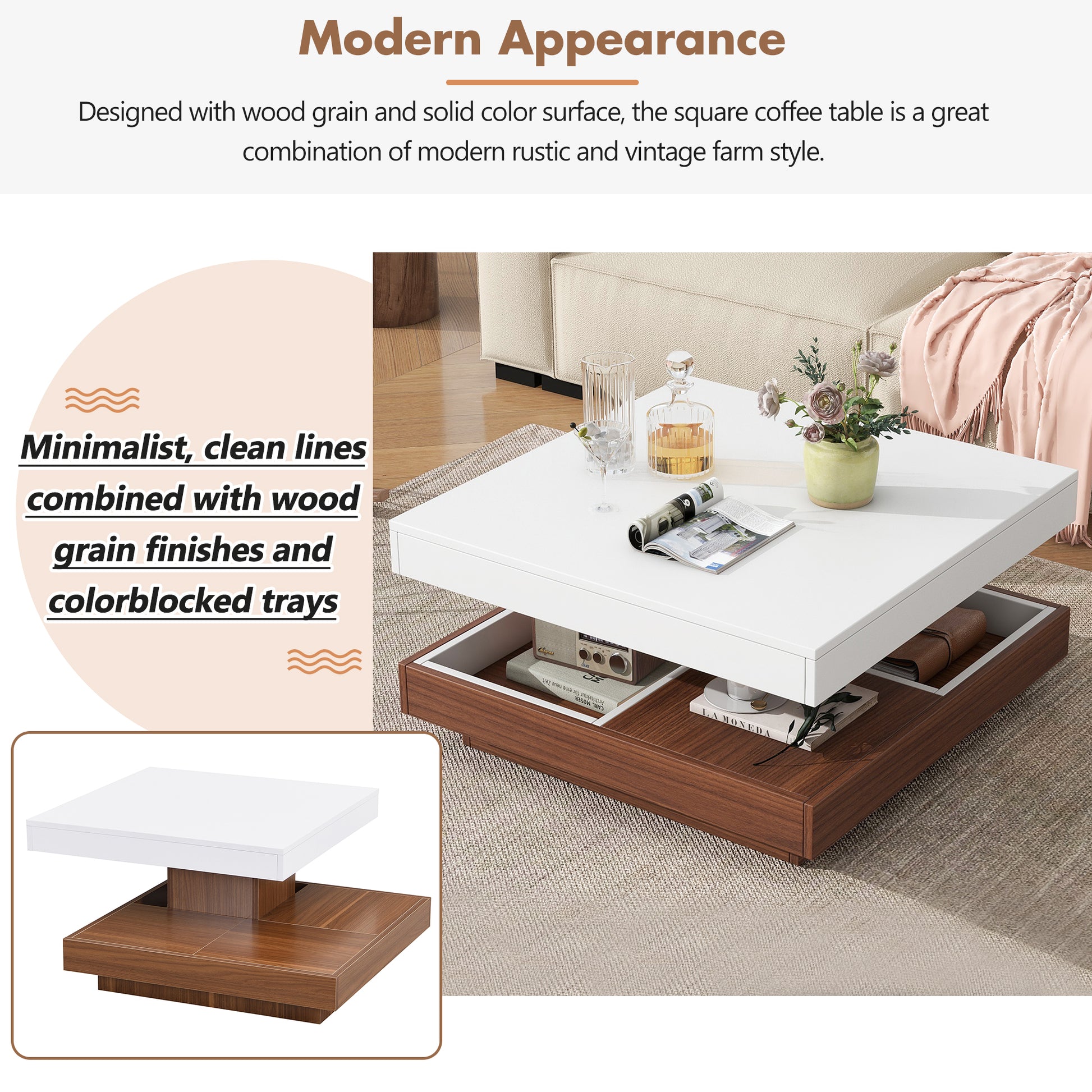 Modern Square 360 Rotating Coffee Table With Three Detachable Tray, 2 Tier Farmhouse Wood Center Table With Storage For Living Room, White, 27.5*27.5In White Walnut Primary Living Space Mdf