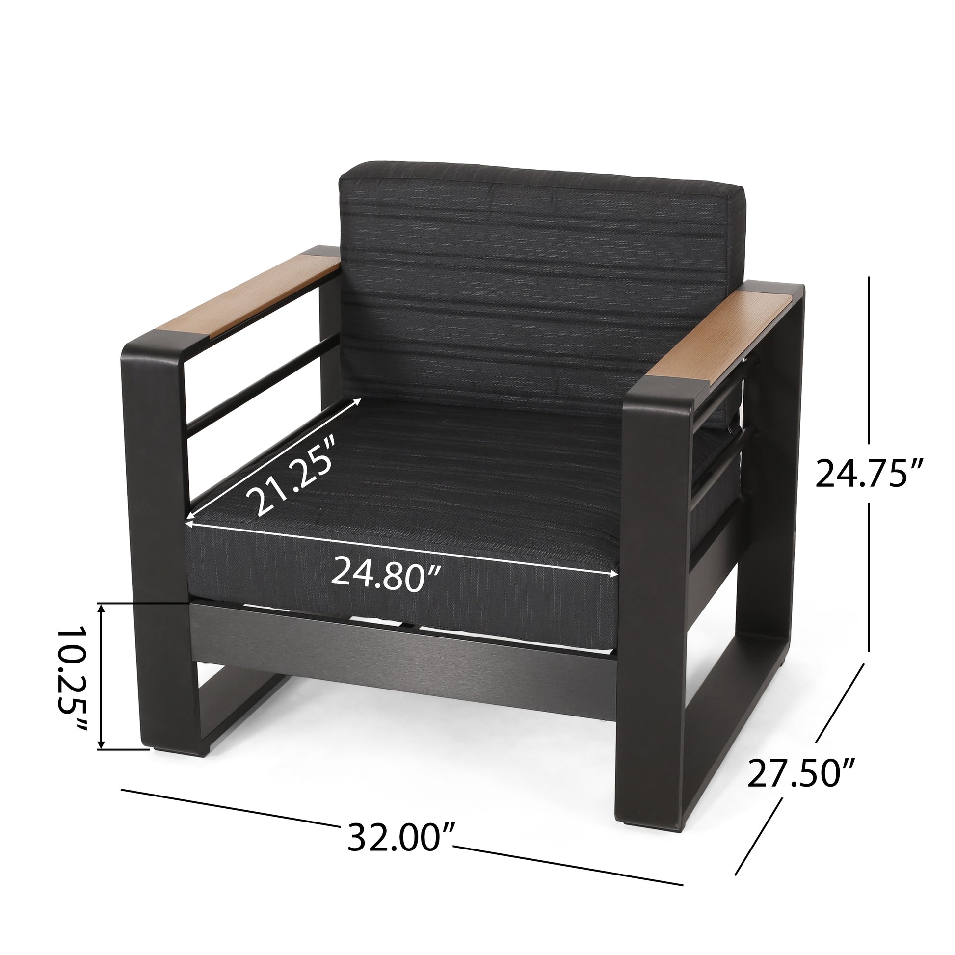 Outdoor Club Chair, Black Natural Dark Gray Black Metal & Wood