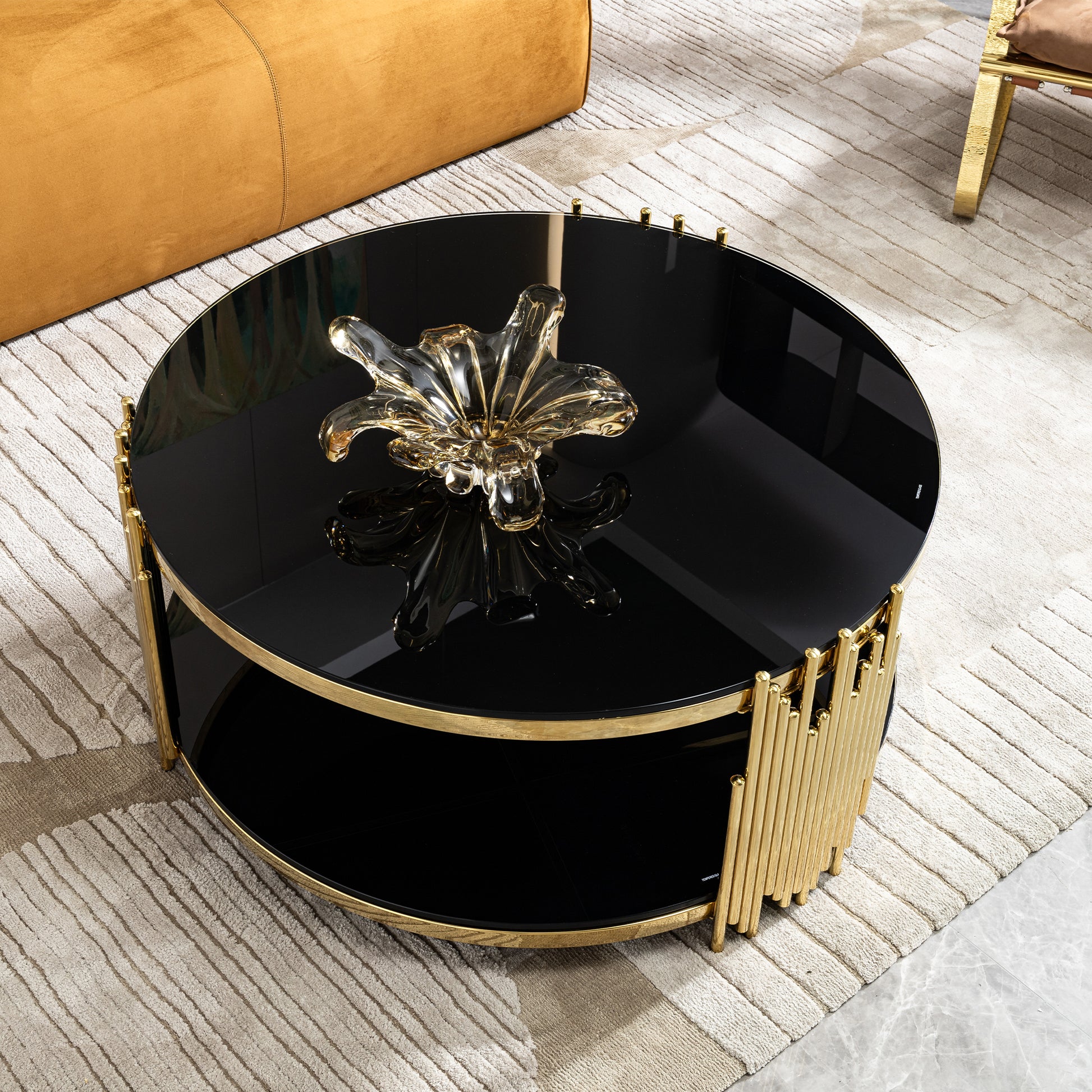 Double Layer Black Tempered Glass Top Stainless Steel Round Coffee Table For Living Room Gold Black Contemporary Round Shelves Coffee & End Tables Polished Stainless Steel