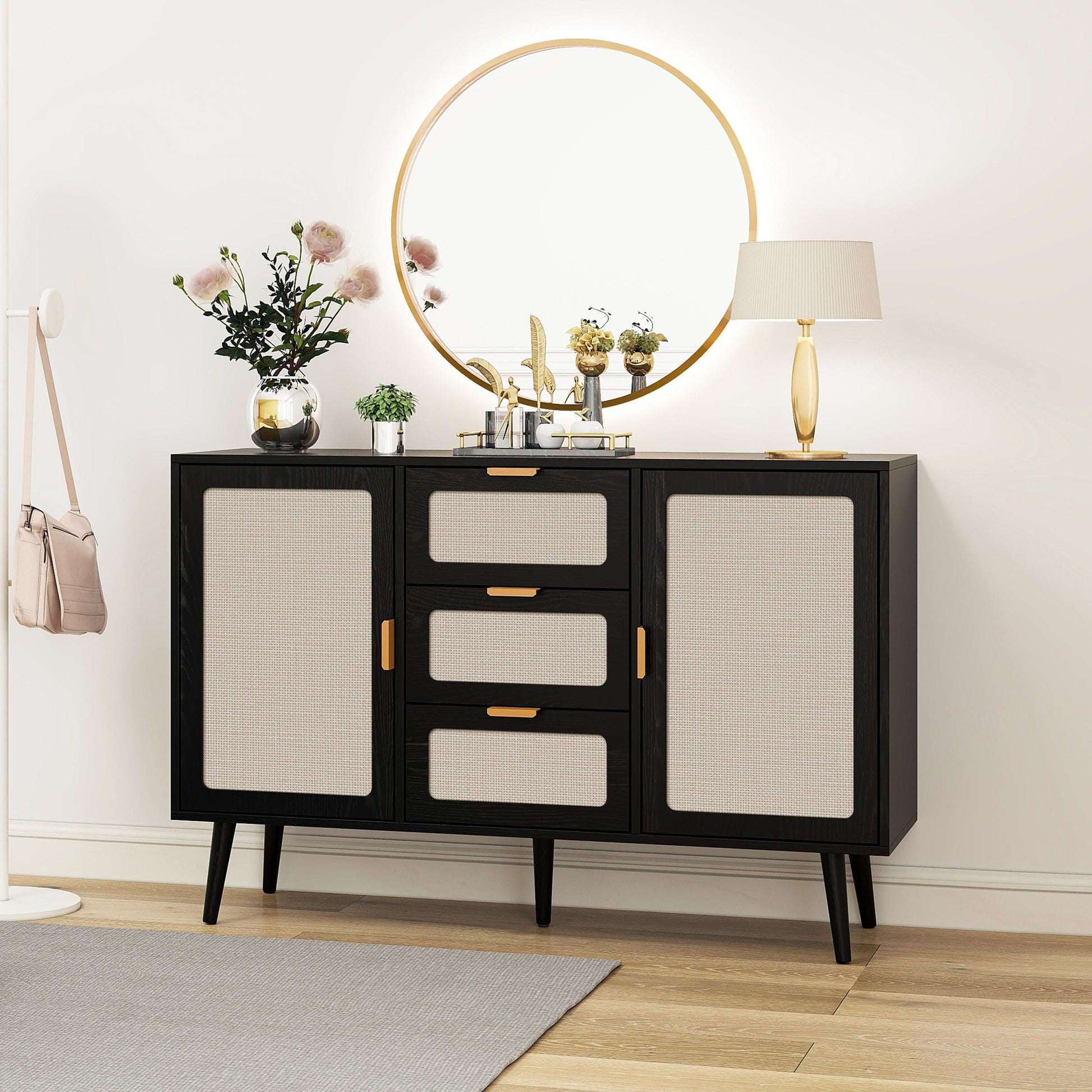 2 Door 3 Drawer Cabinet, Accent Storage Cabinet, Suitable For Living Room, Bedroom, Dining Room, Study Black Mdf