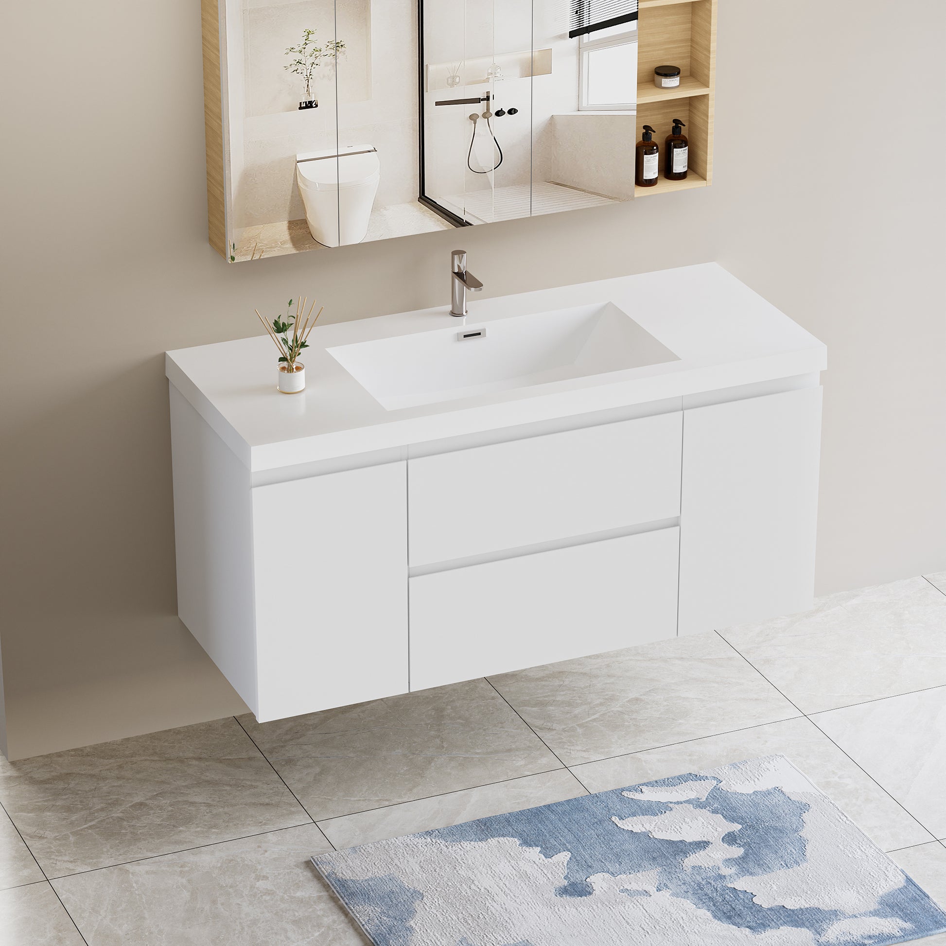 48" Floating Bathroom Vanity with Sink, Modern Wall 2-white-2-bathroom-wall mounted-mdf