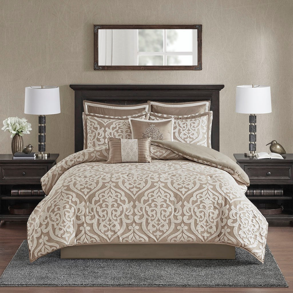 8 Piece Jacquard Comforter Set Tan Ivory King King Tan Ivory Polyester