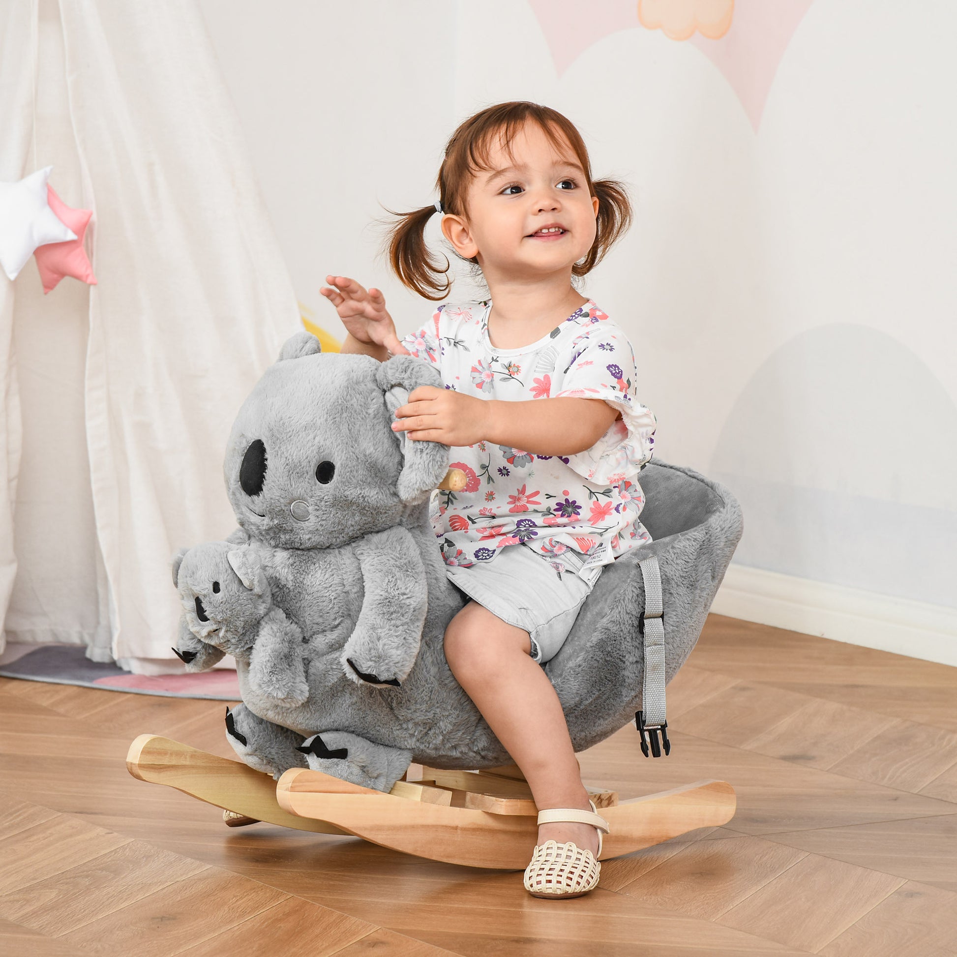 Qaba Kids Ride On Rocking Horse, Koala Shaped Rocker With Realistic Sounds For Children 18 36 Months, Gray Grey Cotton