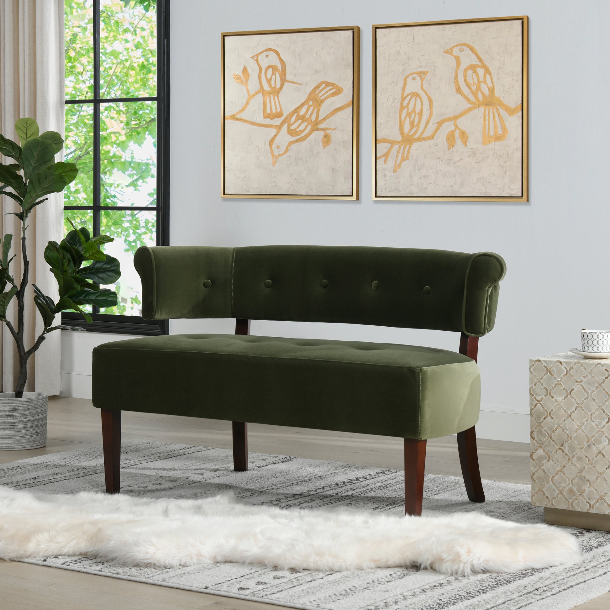 Jared Roll Arm Tufted Bench Settee, Olive Green Performance Velvet Olive Green Foam Velvet