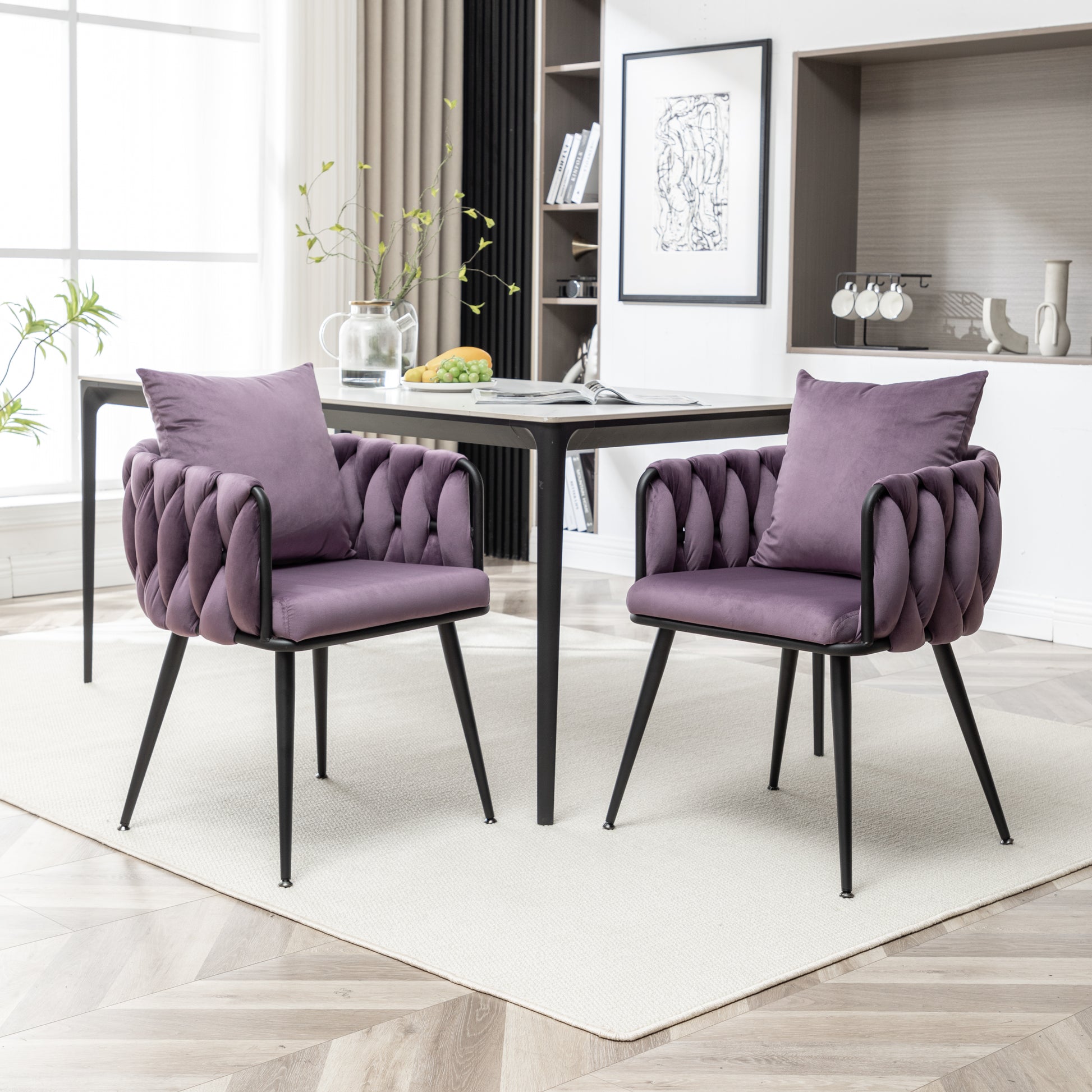 Dark Purple Modern Velvet Dining Chairs Set Of 2 Hand Weaving Accent Chairs Living Room Chairs Upholstered Side Chair With Black Metal Legs For Dining Room Kitchen Vanity Living Room Cushion Iron