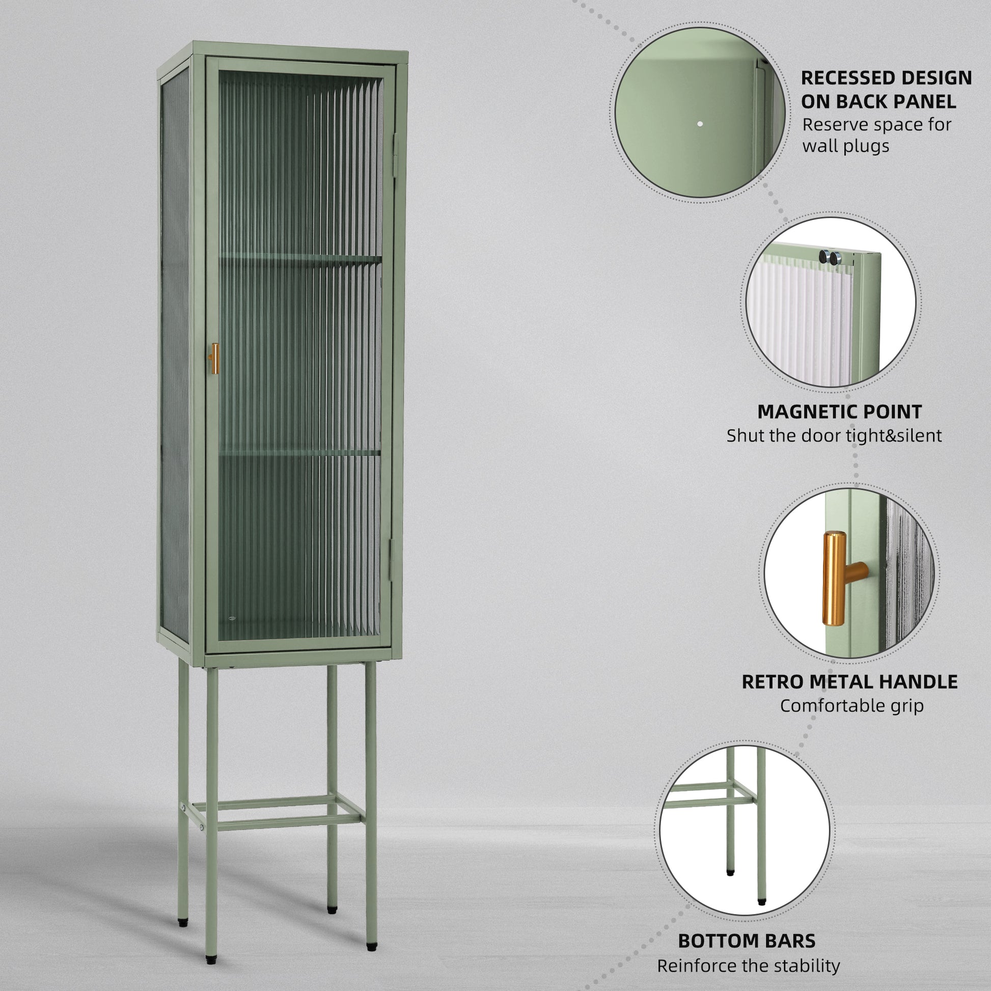 Retro Style Freestanding Metal Tall Display Cupboard With Glass Door And Three Detachable Shelves For Office, Living Room, Kitchen Console Sideboard,Bedside Entryway Mint Green Old Sku:W68751718 Mint Green Steel