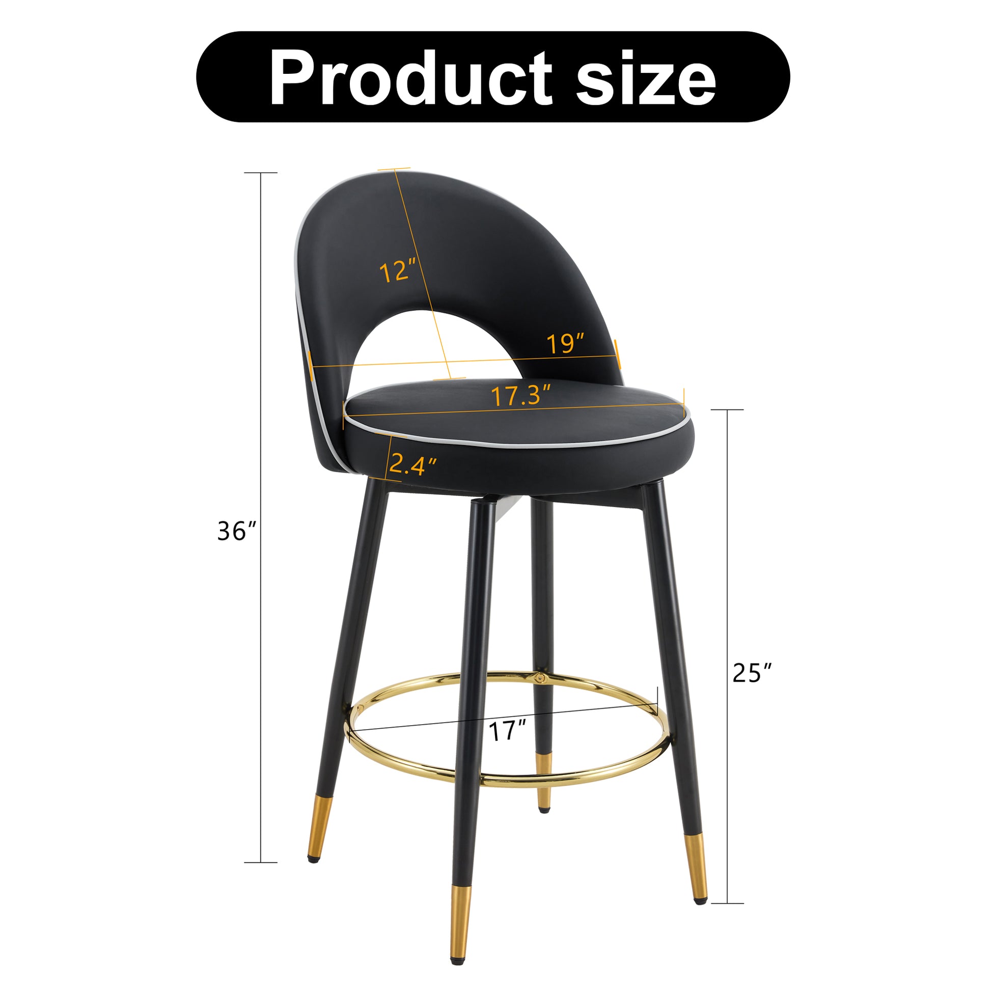 360 Rotatable Bar Chair.Modern Pu Comfortable Upholstered Bar Chair With Smooth And Beautiful Metal Legs For Dining Room, Kitchen, Terrace And Guest Office Chair . Black Bar Stools Set Of 2 Pu