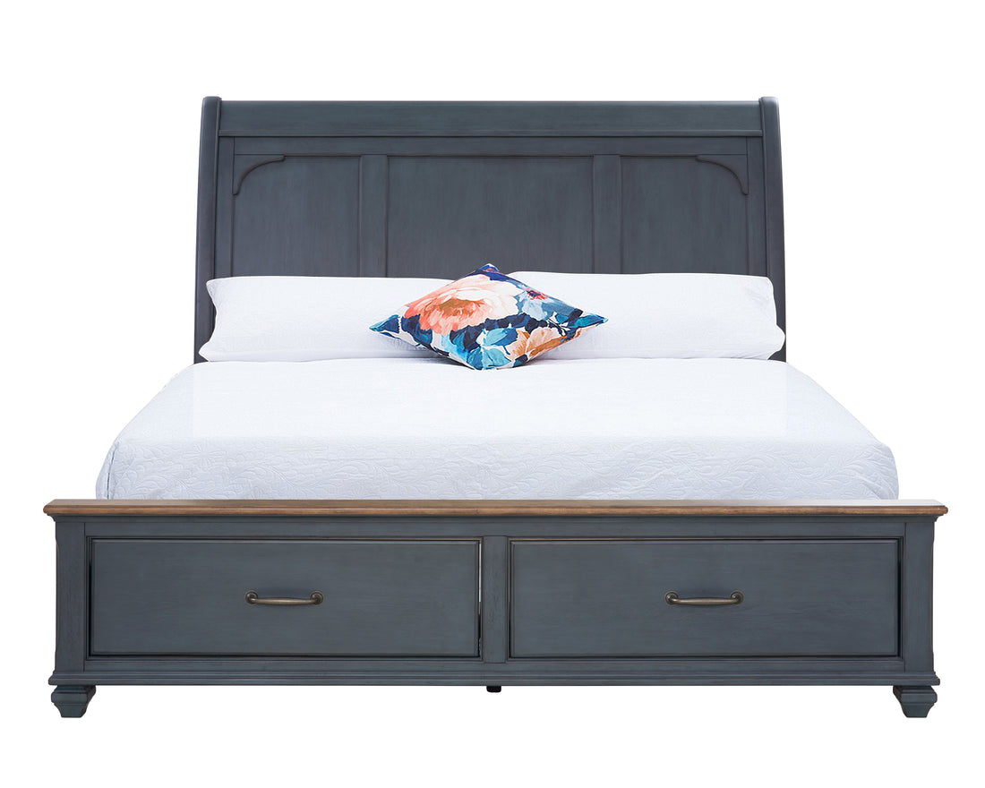 Americana Queen Size Sleigh Bed, Corduroy Blue Finish Queen Blue Rubberwood Rubber Wood