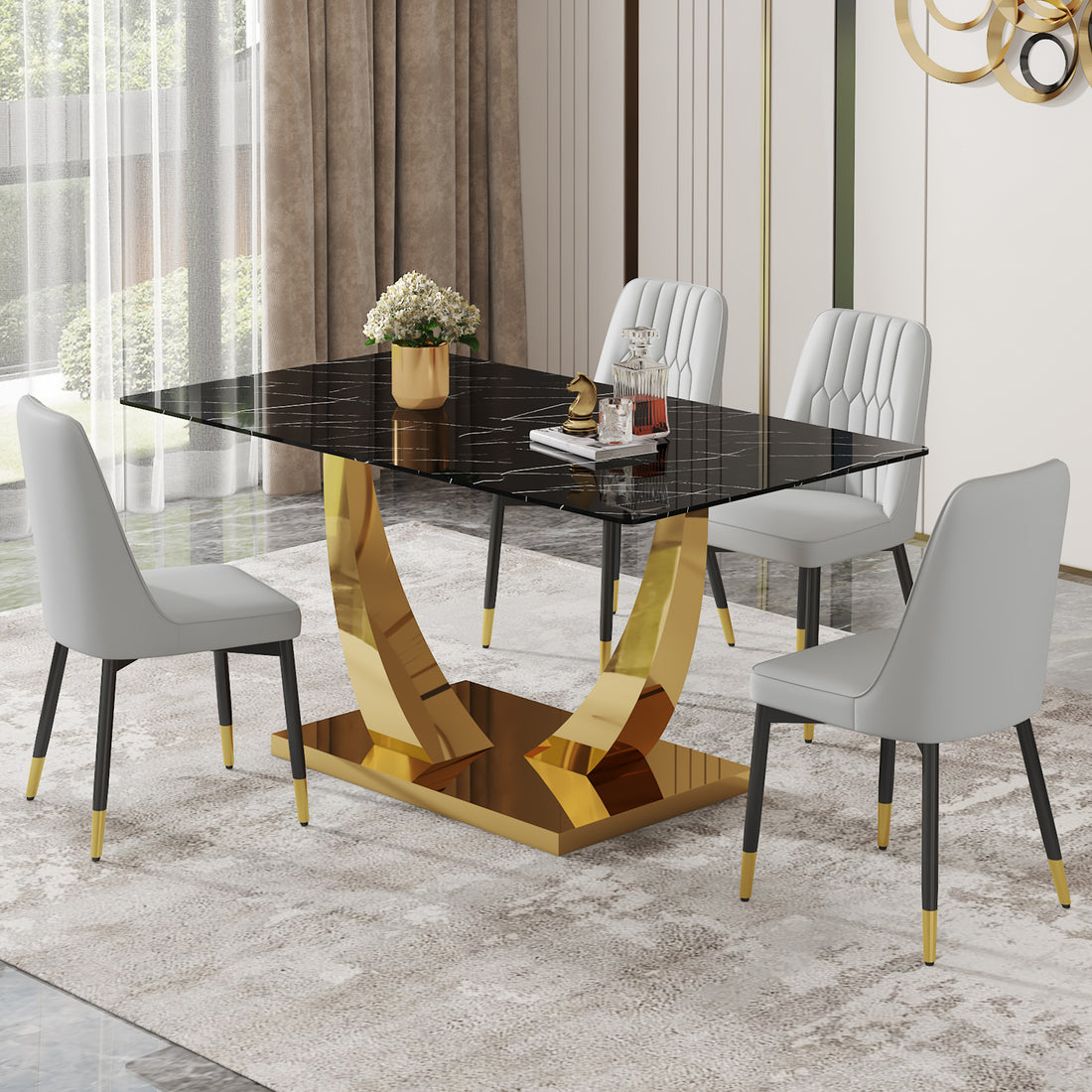Table And Chair Set.Modern Rectangular Dining Table With Black Textured Stickers Glass Tabletop And Gold Plated Metal Legs.Paried With 4 Comfortable Chairs With Pu Seats And Black Metal Legs. Black Gold,Light Gray Seats 4 Glass Metal