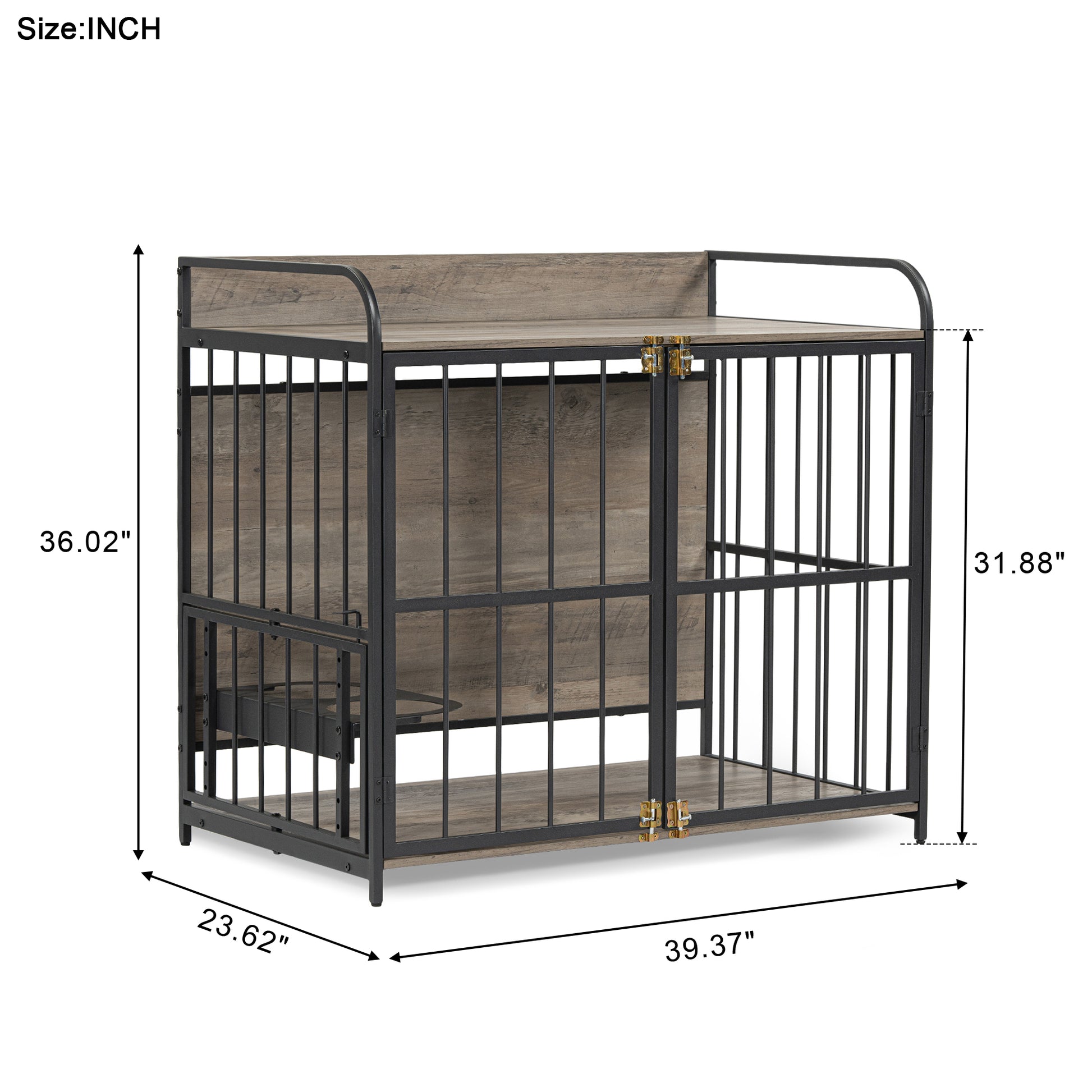 39'' Indoor Metal Dog Crate With Double Doors, Wooden Side End Table Crate, Dog Crate Furniture With Adjustable Feeder Stand, For Medium Dog, Gray Gray Dog Engineered Wood