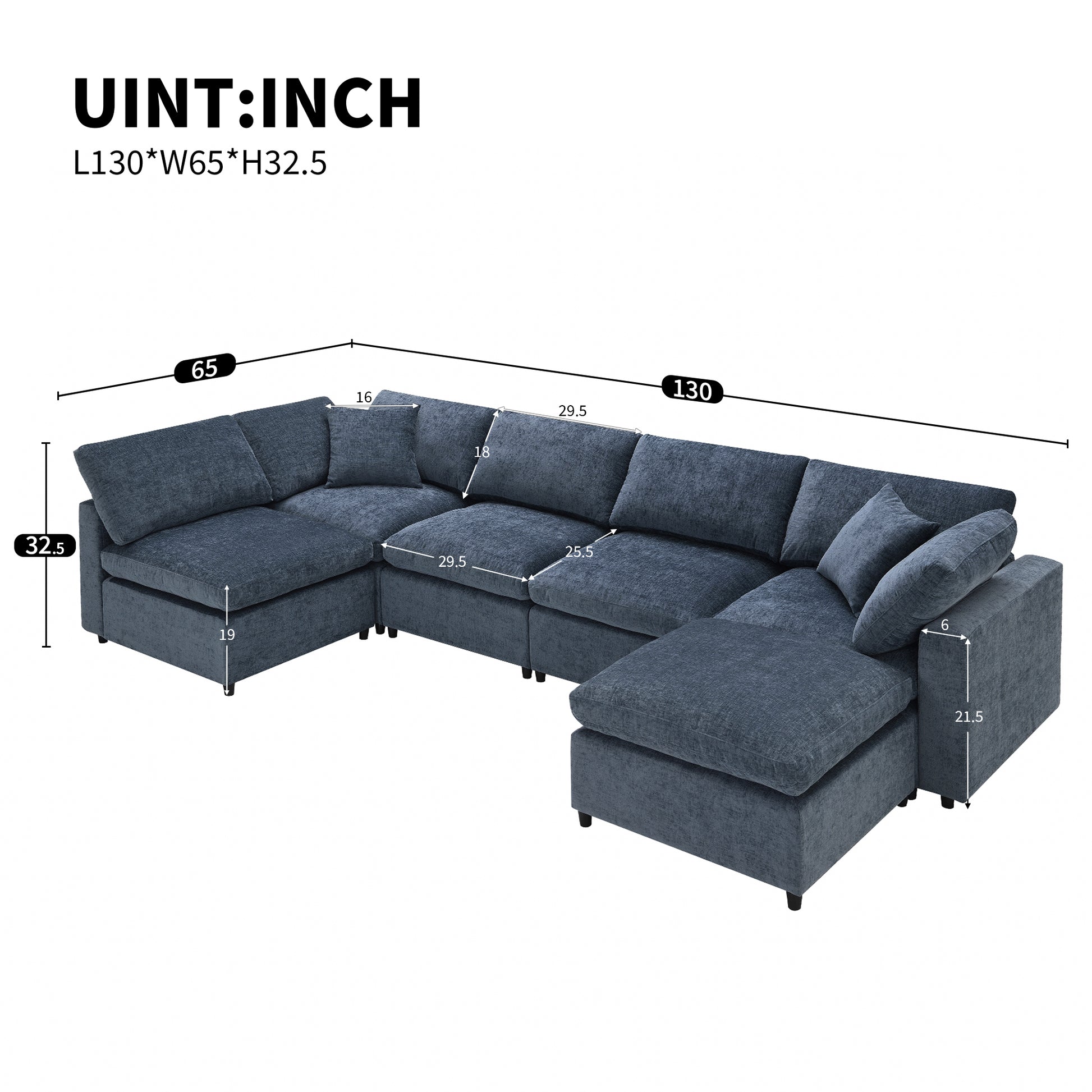 130*65" Modern Modular Cloud Sofa Bed, 6 Seat Chenille Sectional Couch Set With Ottoman,Free Combination,Convertible U Shaped Sleeper Sofa For Living Room, Apartment, 3 Colors Dark Blue Chenille 6 Seat