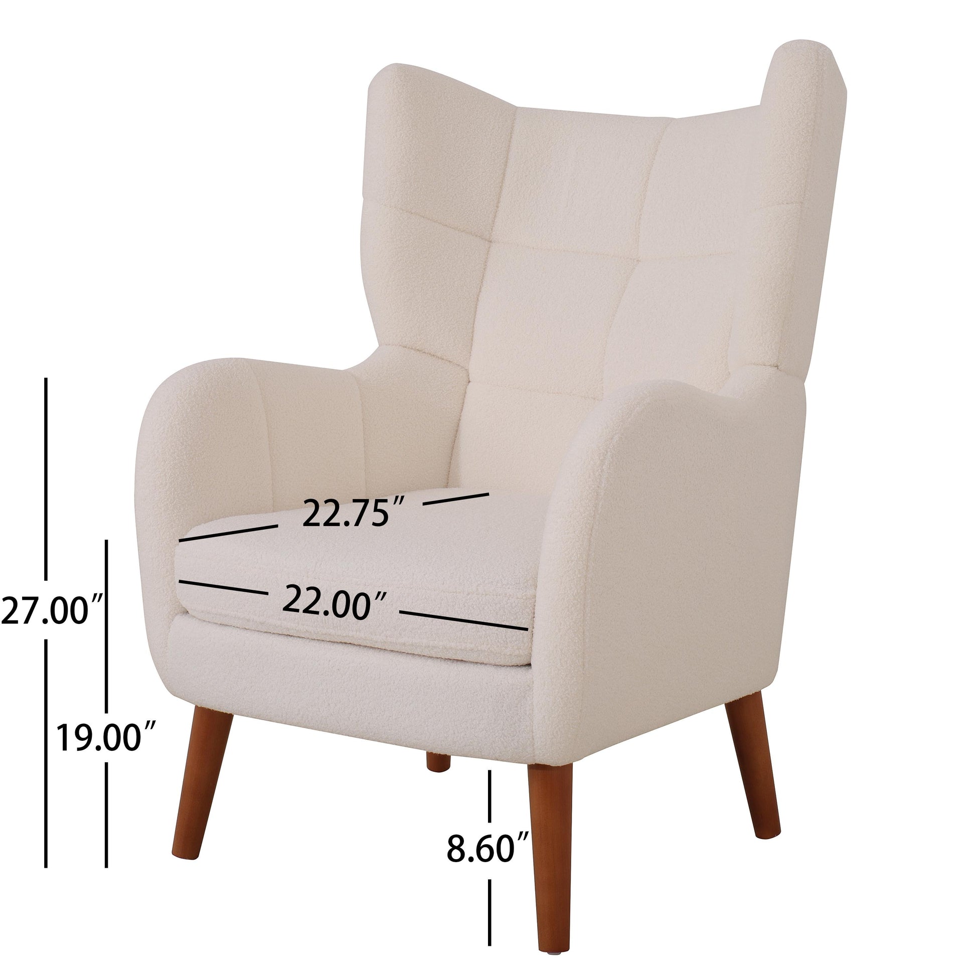 Mid Century Accent Chair, Ivory White, Modern Retro Lounge Armchair, Birch Frame, Upholstered Teddy Wool Fabric, Single Sofa Armchair For Small Spaces, Living Room, Bedroom, Reading Corner, Balcony Ivory White Espresso Primary Living Space