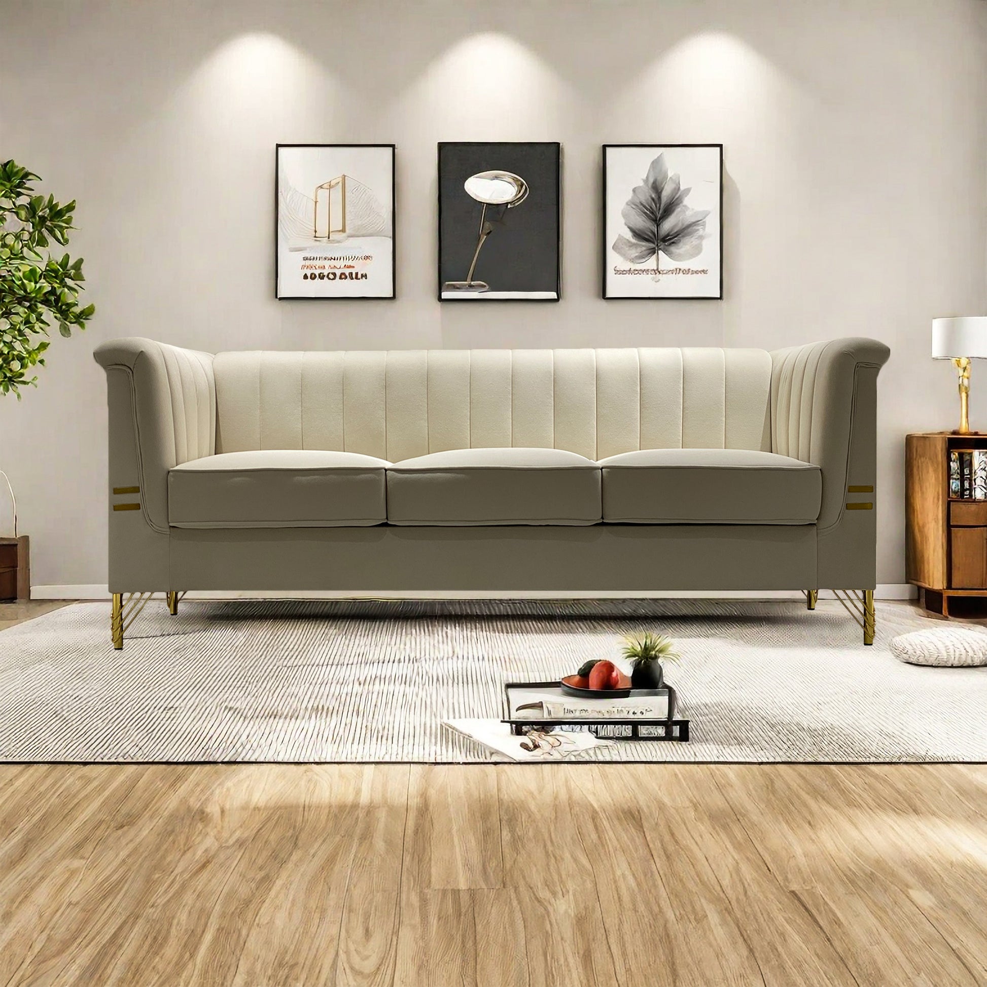 Fx P82 Be Sofa Modern Chenille Sofa, 82.67" Upholstered Couch With Bolster Armrest, 3 Seat Sofa For Living Room, Bedroom, Office, Apartment, Dorm, Beige Beige Velvet 3 Seat