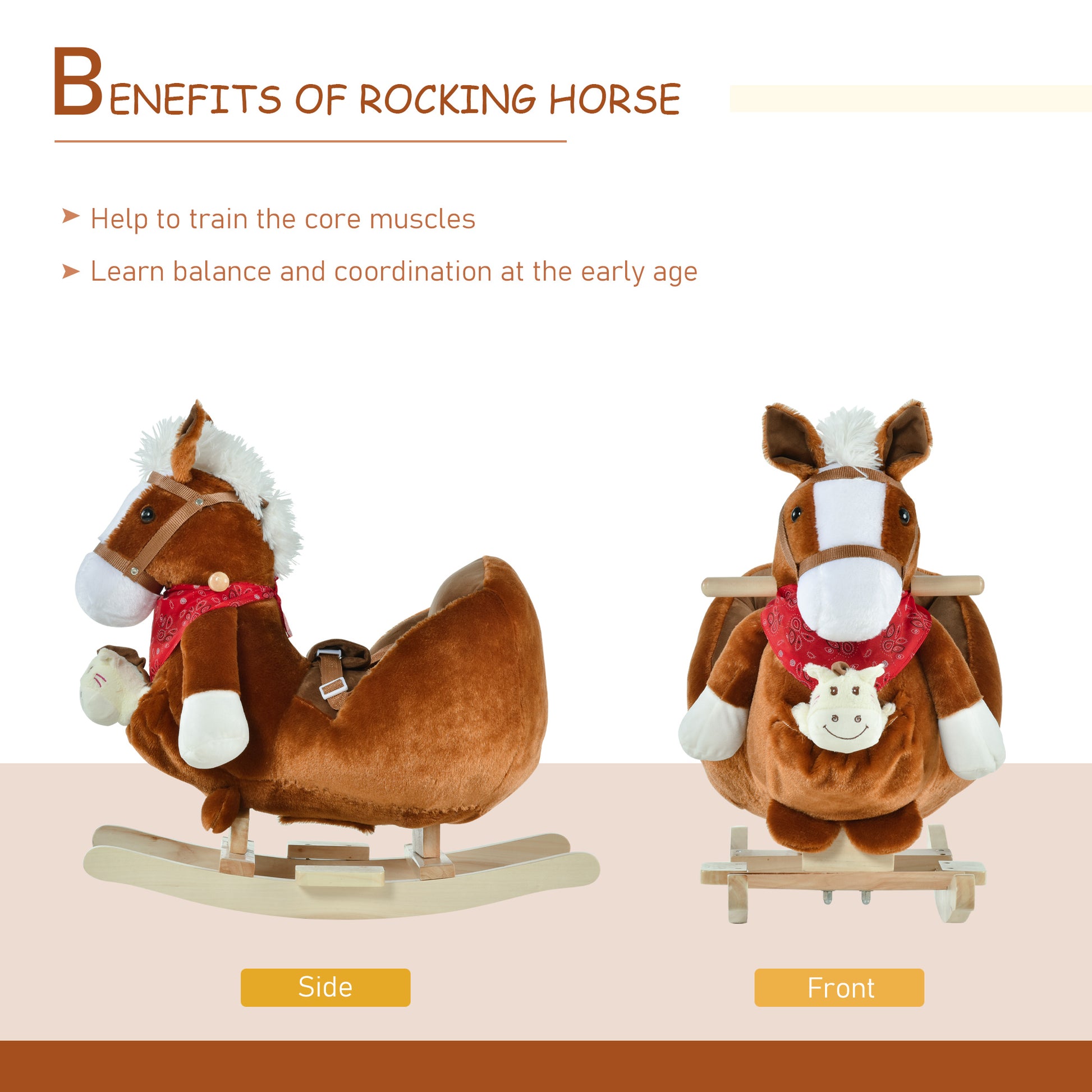 Qaba Kids Ride On Rocking Horse Toy, Rocker With Lullaby Song, Hand Puppets & Soft Plush Fabric For Children 18 36 Months, Brown Brown Polyester