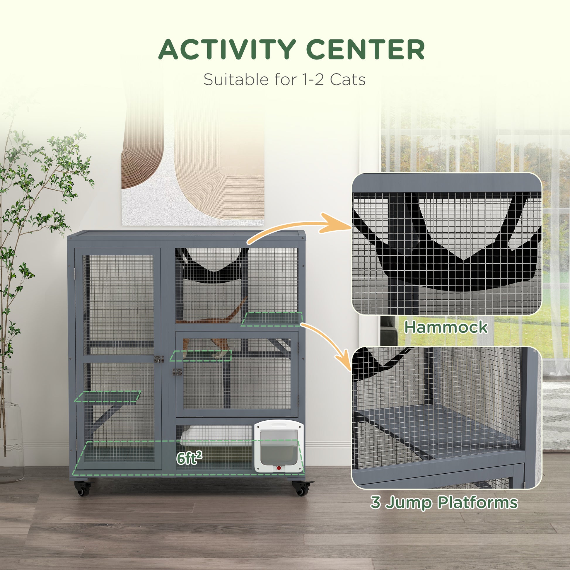 Pawhut Cat House, Indoor Cat Enclosure On Wheels, Wooden Kitty Cage Wi